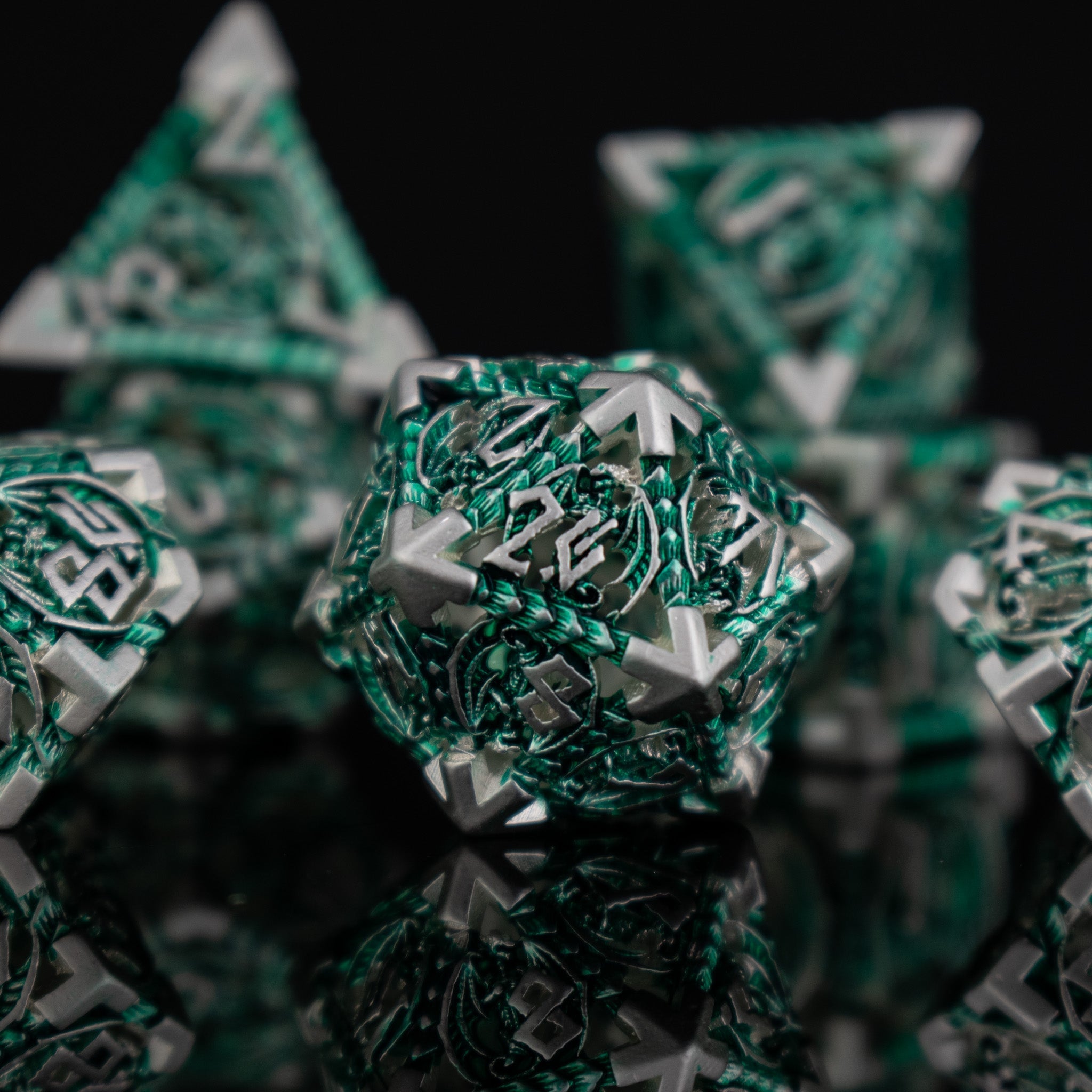 Dragonguard Hollow Metal Dice Set - Emerald and Silver - Misty Mountain Gaming - 2