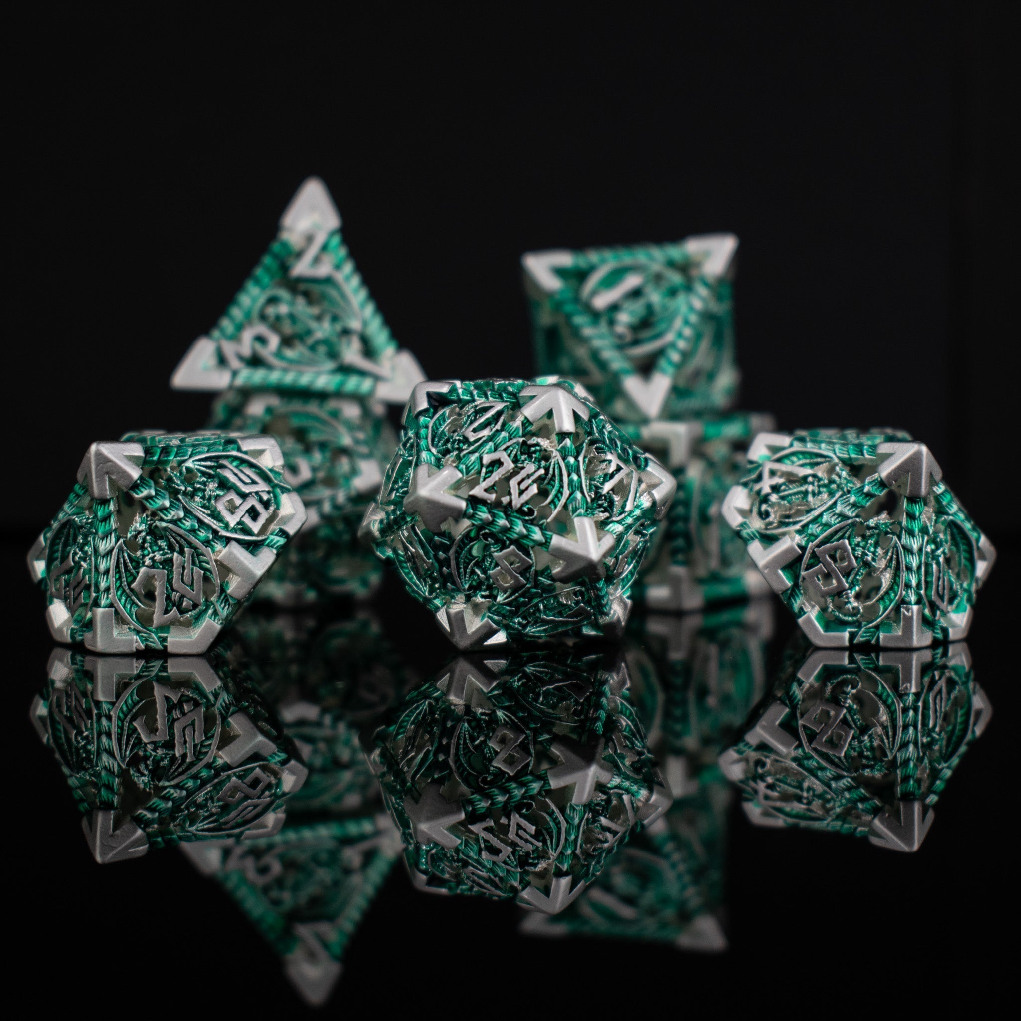 Dragonguard Hollow Metal Dice Set - Emerald and Silver - Misty Mountain Gaming - 1