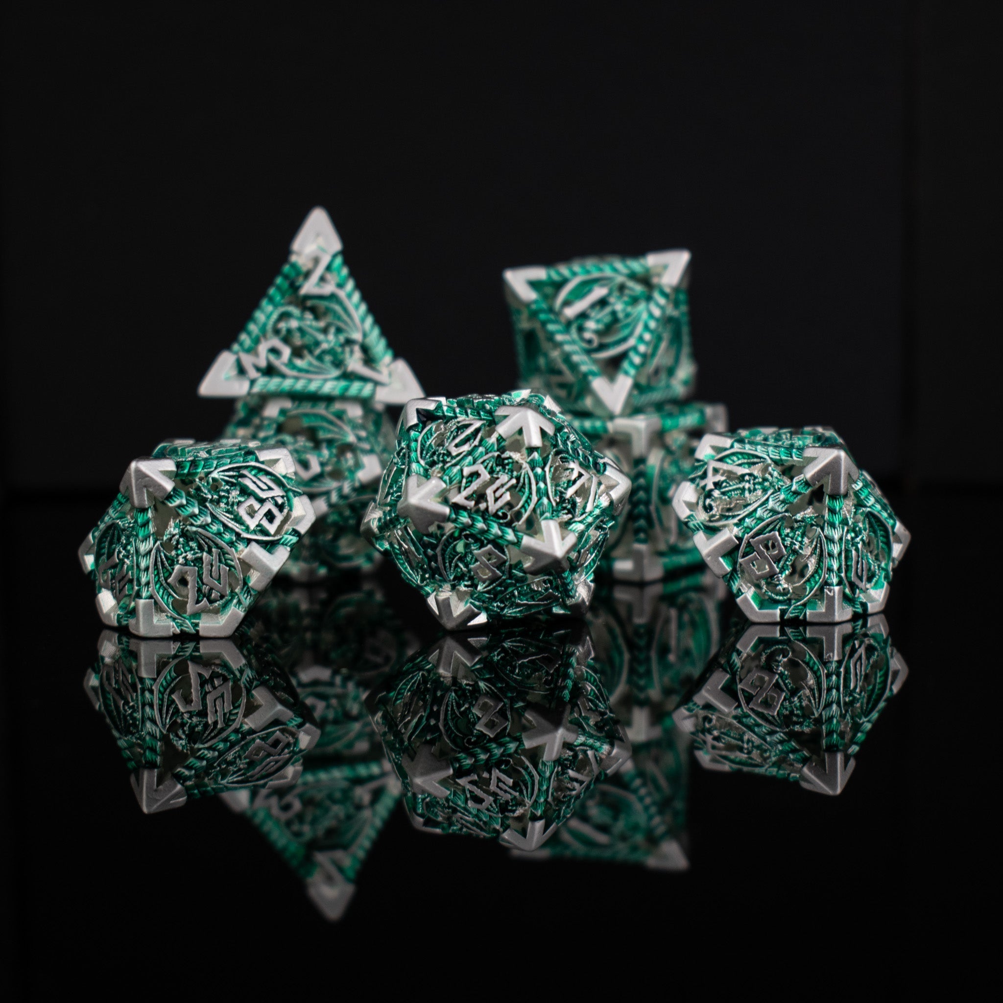 Dragonguard Hollow Metal Dice Set - Emerald and Silver - Misty Mountain Gaming - 4