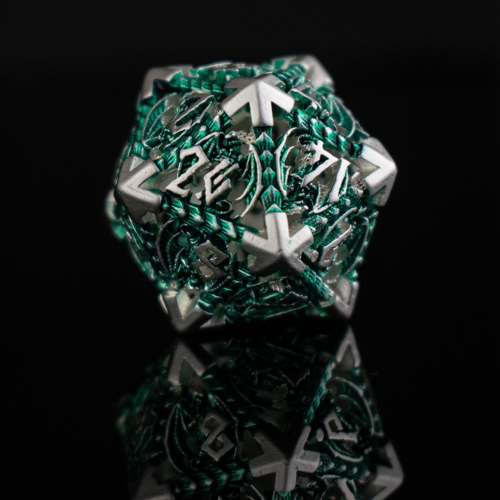 Dragonguard Hollow Metal Dice Set - Emerald and Silver - Misty Mountain Gaming - 6