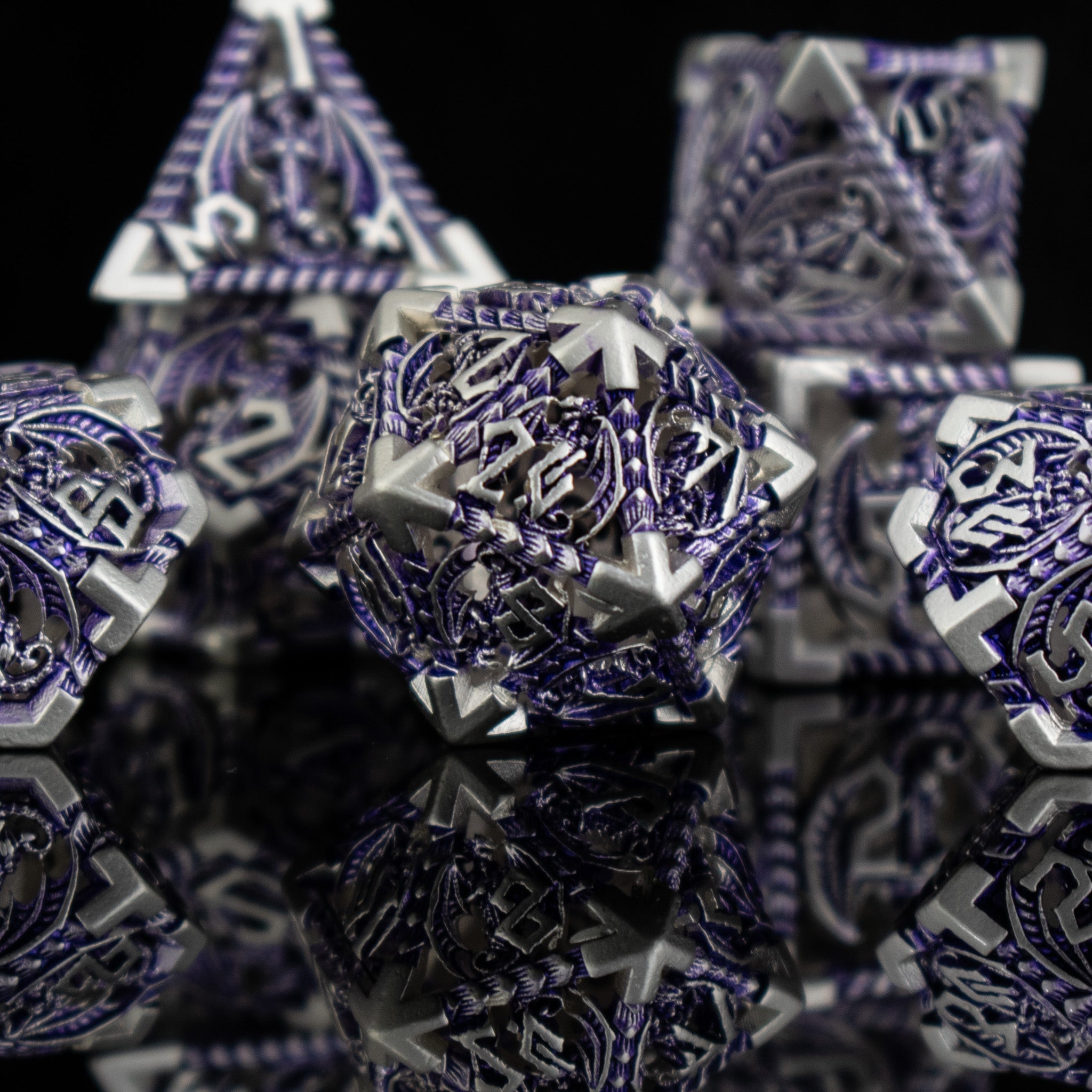 Dragonguard Hollow Metal Dice Set - Purple and Silver - Misty Mountain Gaming - 2