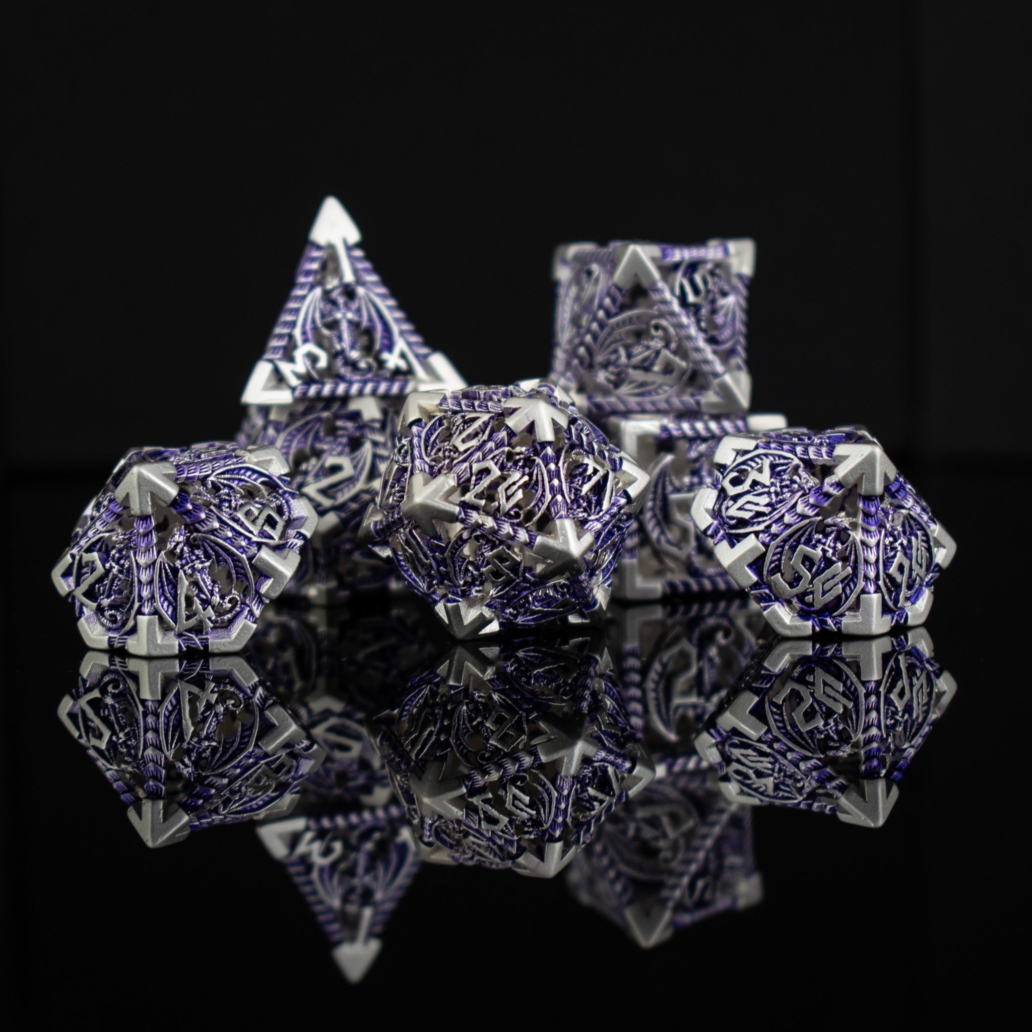 Dragonguard Hollow Metal Dice Set - Purple and Silver - Misty Mountain Gaming - 3