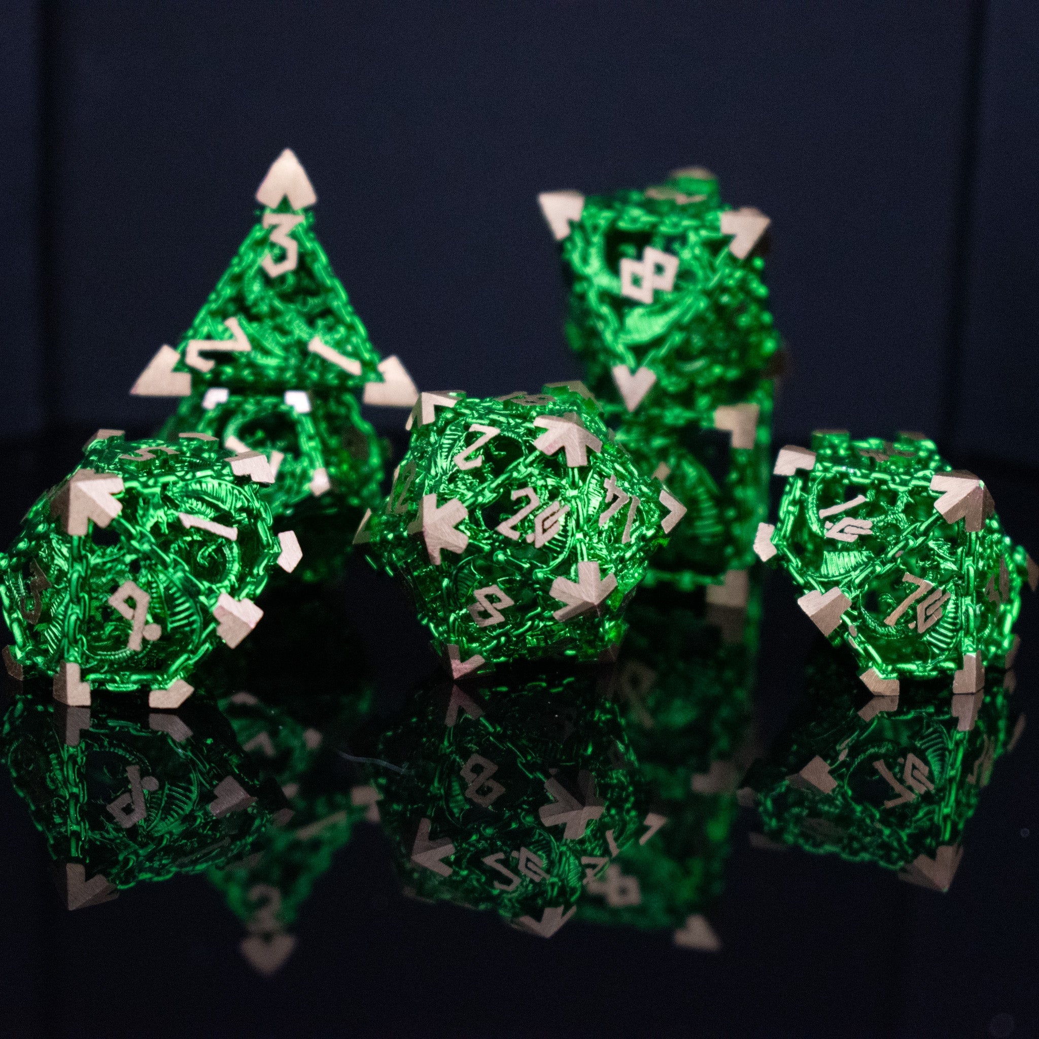 Dragon's Lair Hollow Metal Dice Set - Green - Misty Mountain Gaming - 3