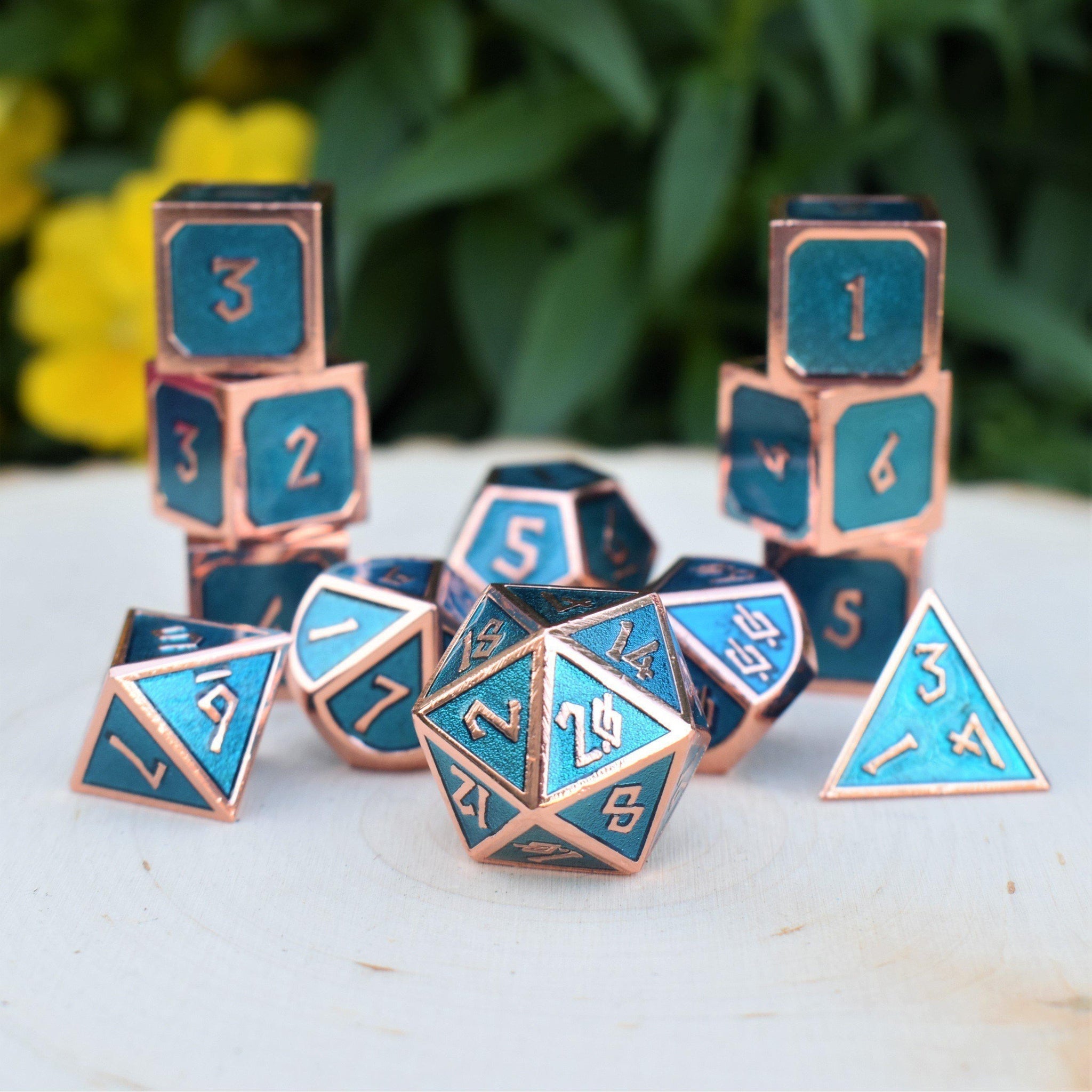 Elder Runes Aqua And Bronze Metal Dice Set - Misty Mountain Gaming - 1