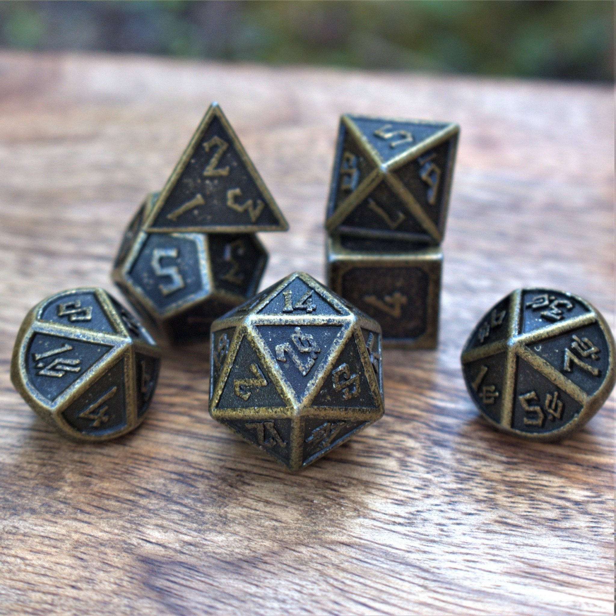 Elder Runes Battle - Worn Gold Metal Dice Set - Misty Mountain Gaming - 1