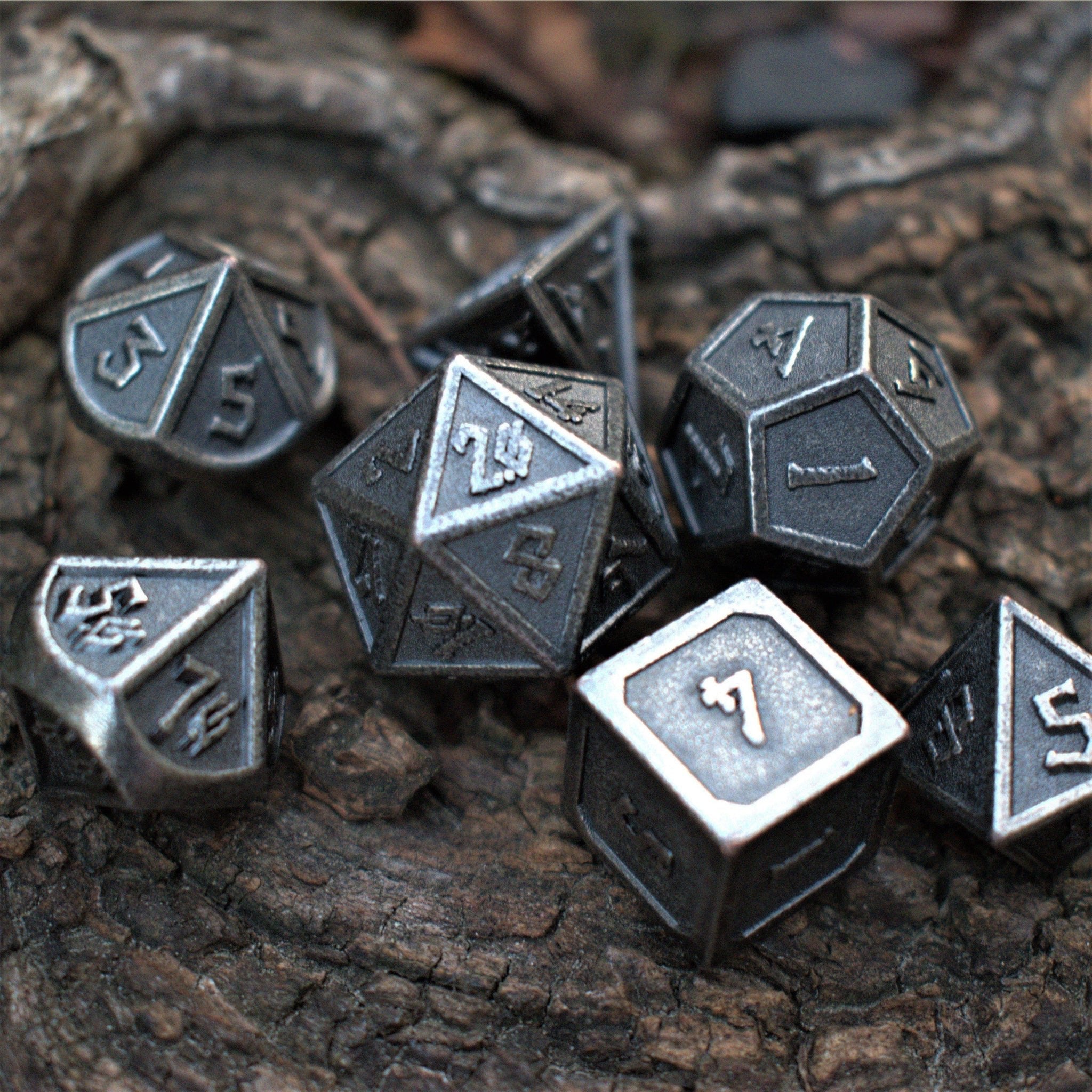 Elder Runes Battle - Worn Silver Metal Dice Set - Misty Mountain Gaming - 1