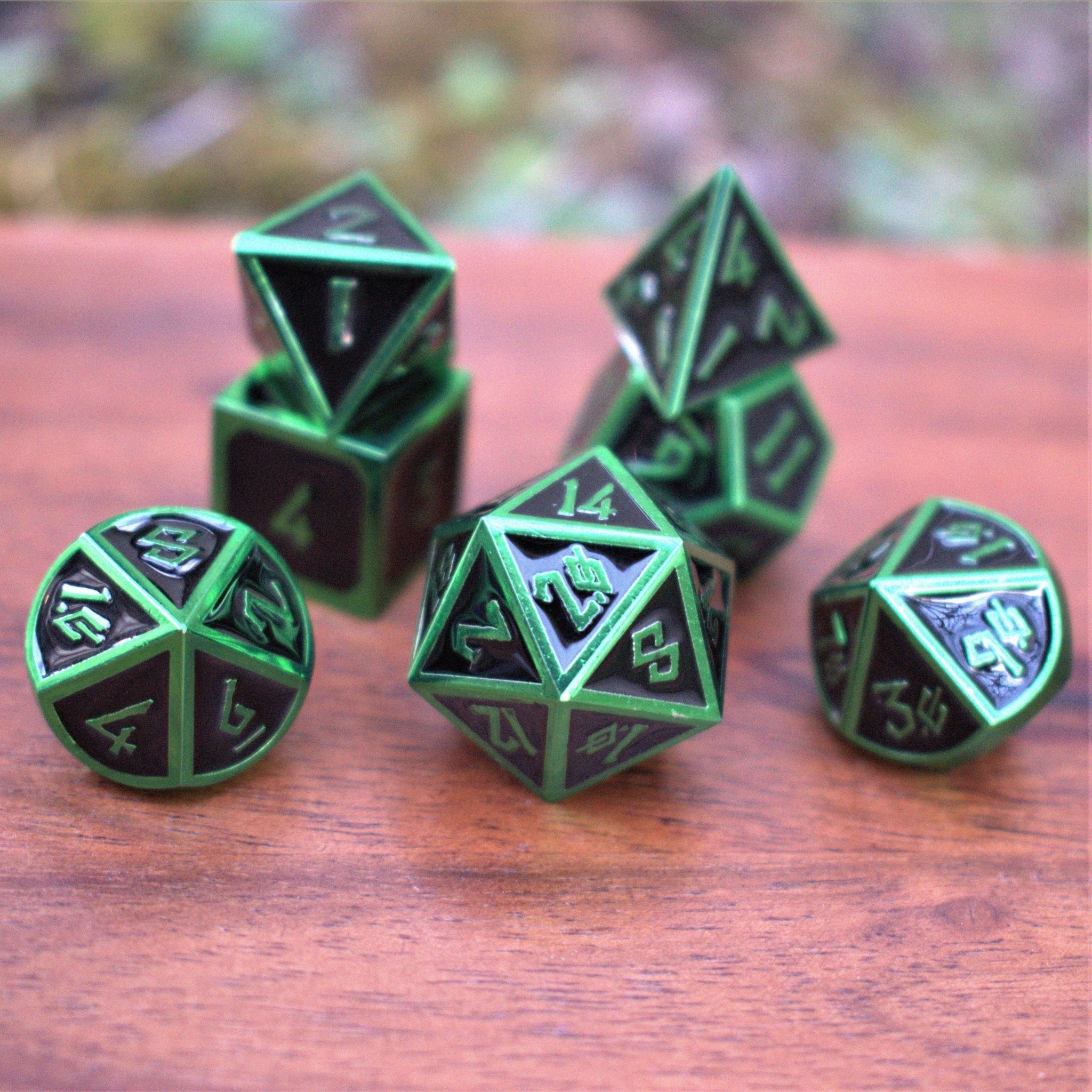 Elder Runes Black And Green Metal Dice Set - Misty Mountain Gaming - 1