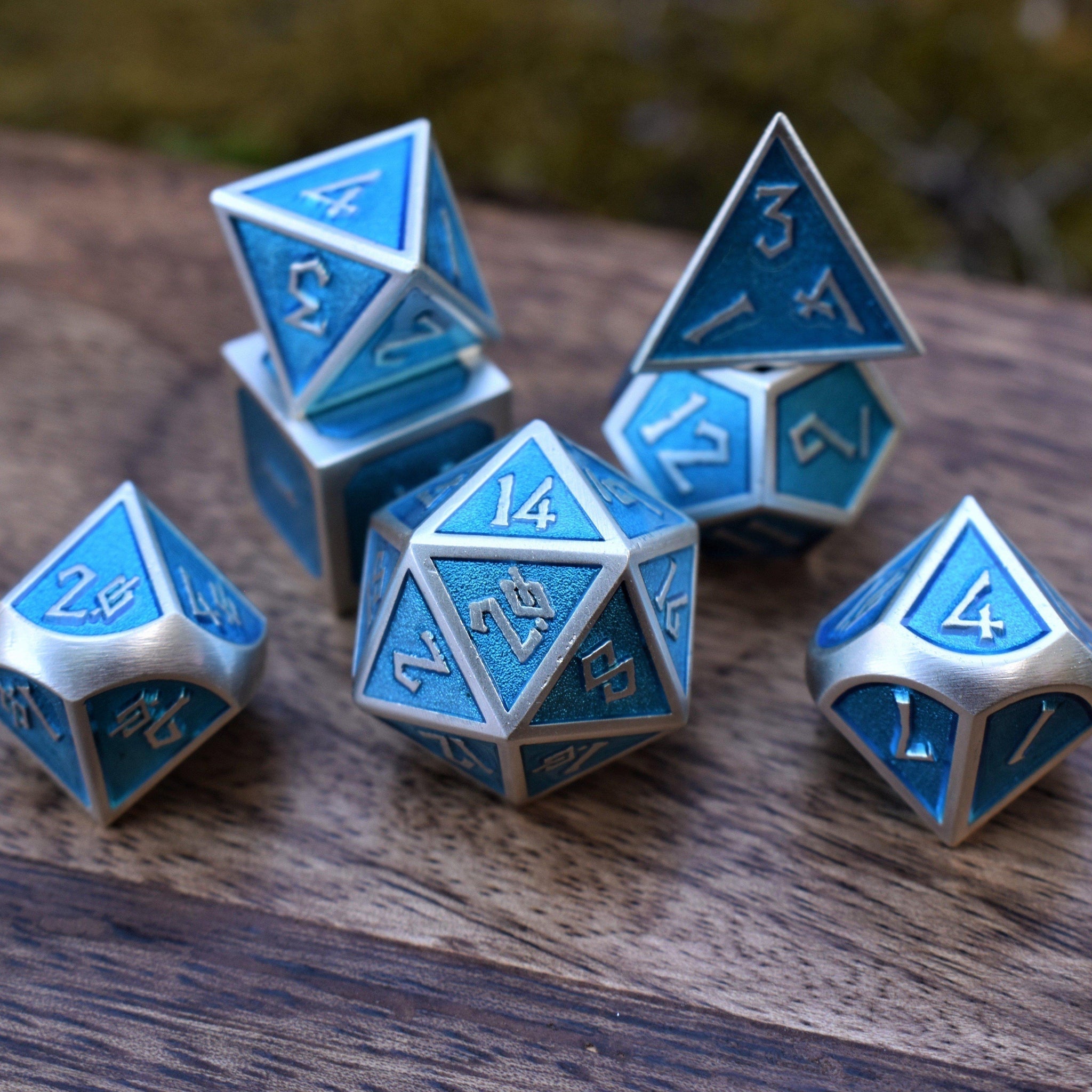 Elder Runes Electric Blue And Matte Silver Metal Dice Set - Misty Mountain Gaming - 1