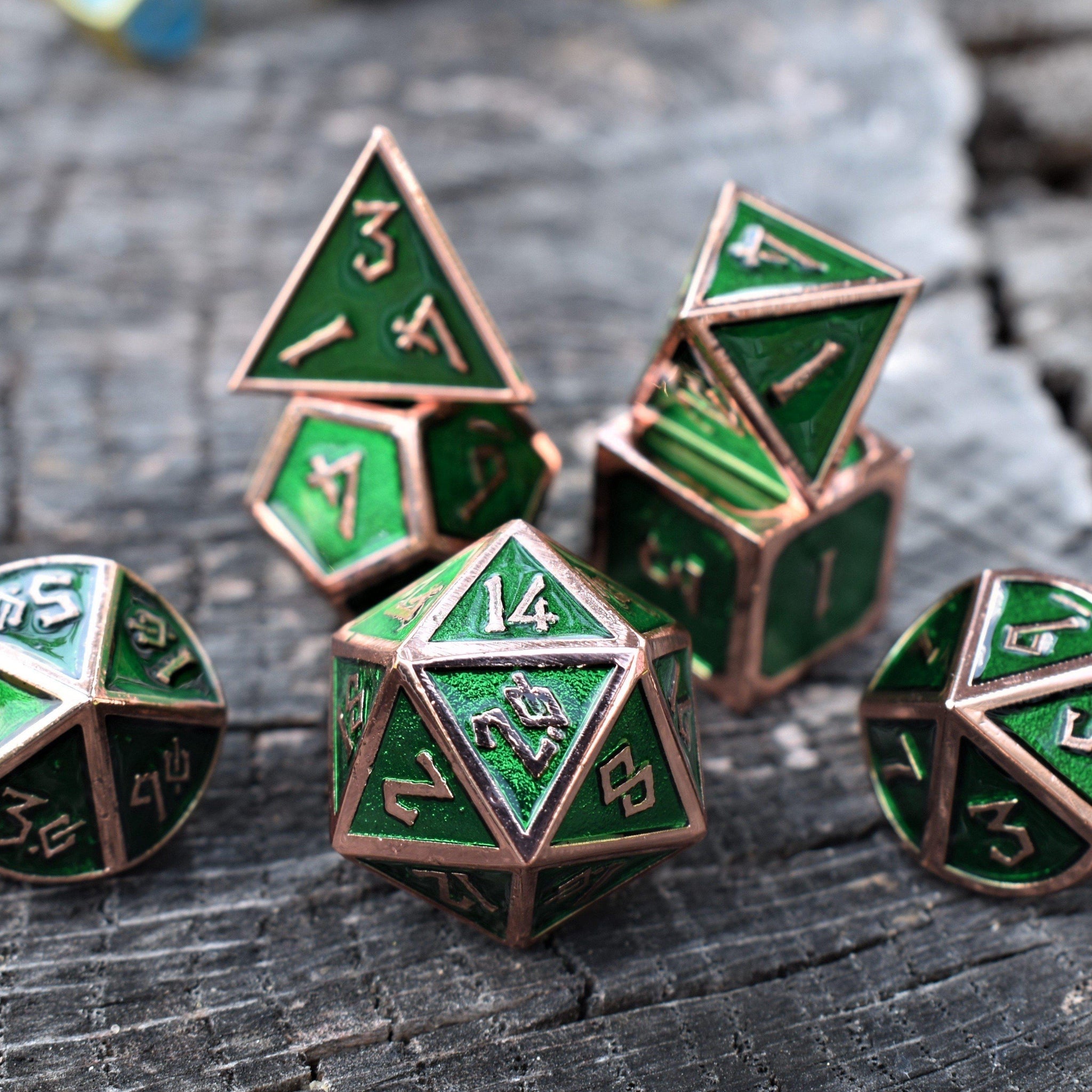 Elder Runes Emerald And Bronze Metal Dice Set - Misty Mountain Gaming - 1