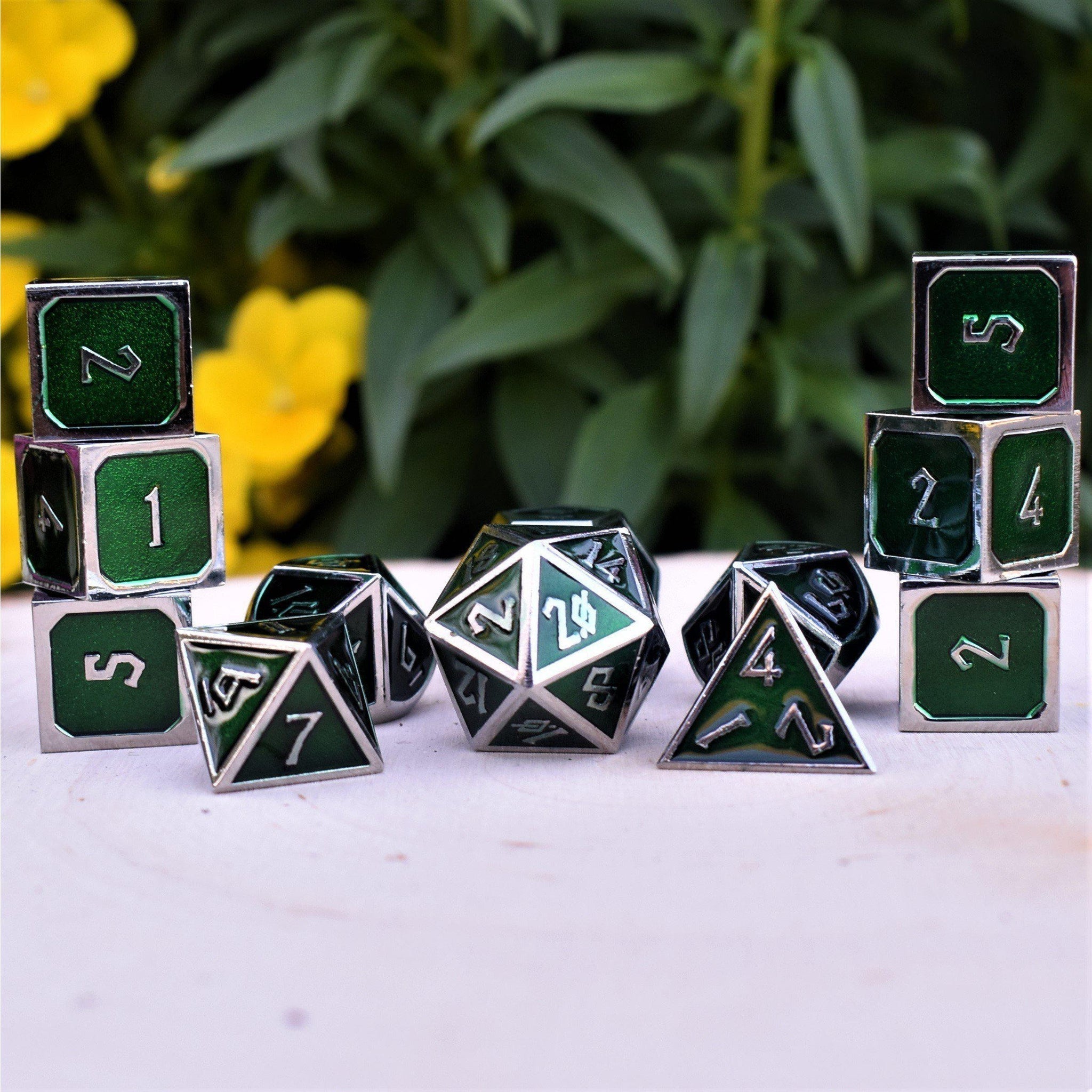 Elder Runes Emerald And Silver Metal Dice Set - Misty Mountain Gaming - 1