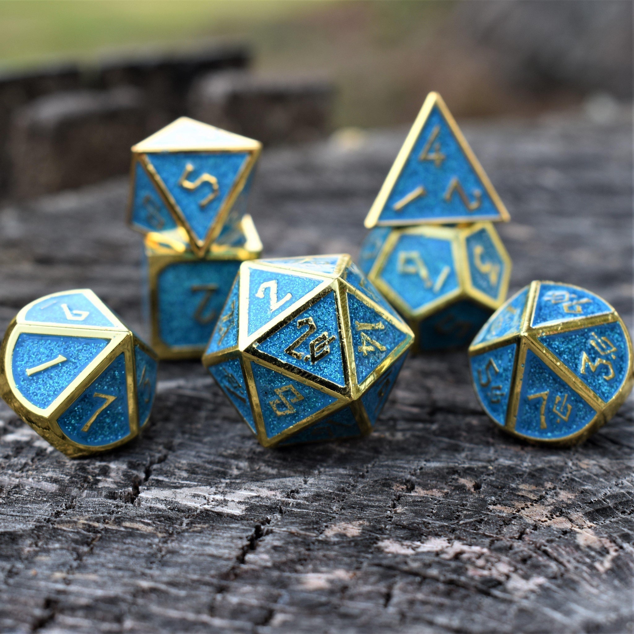 Elder Runes Glitter Aqua And Gold Metal Dice Set - Misty Mountain Gaming - 1