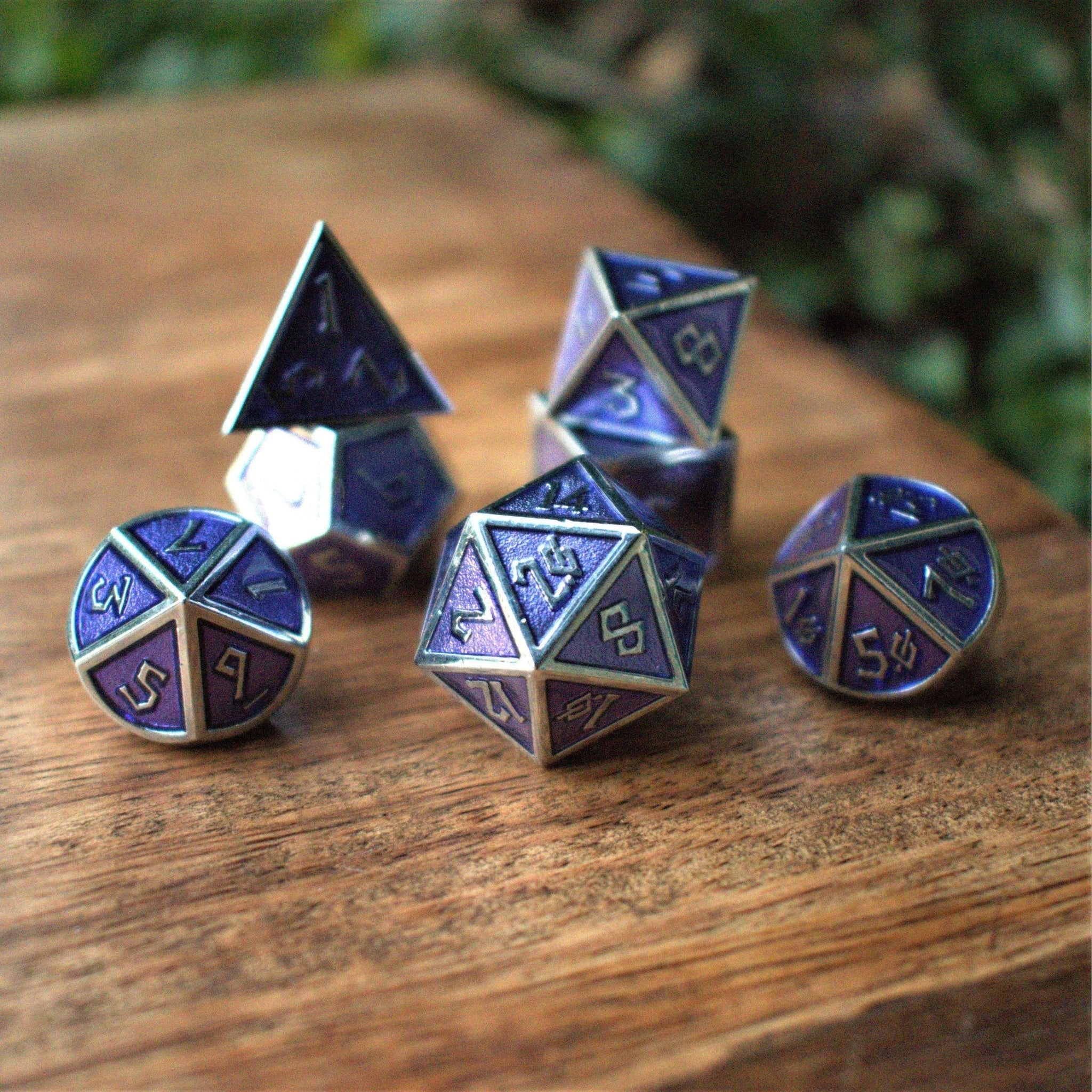 Elder Runes Heather Purple And Silver Metal Dice Set - Misty Mountain Gaming - 1