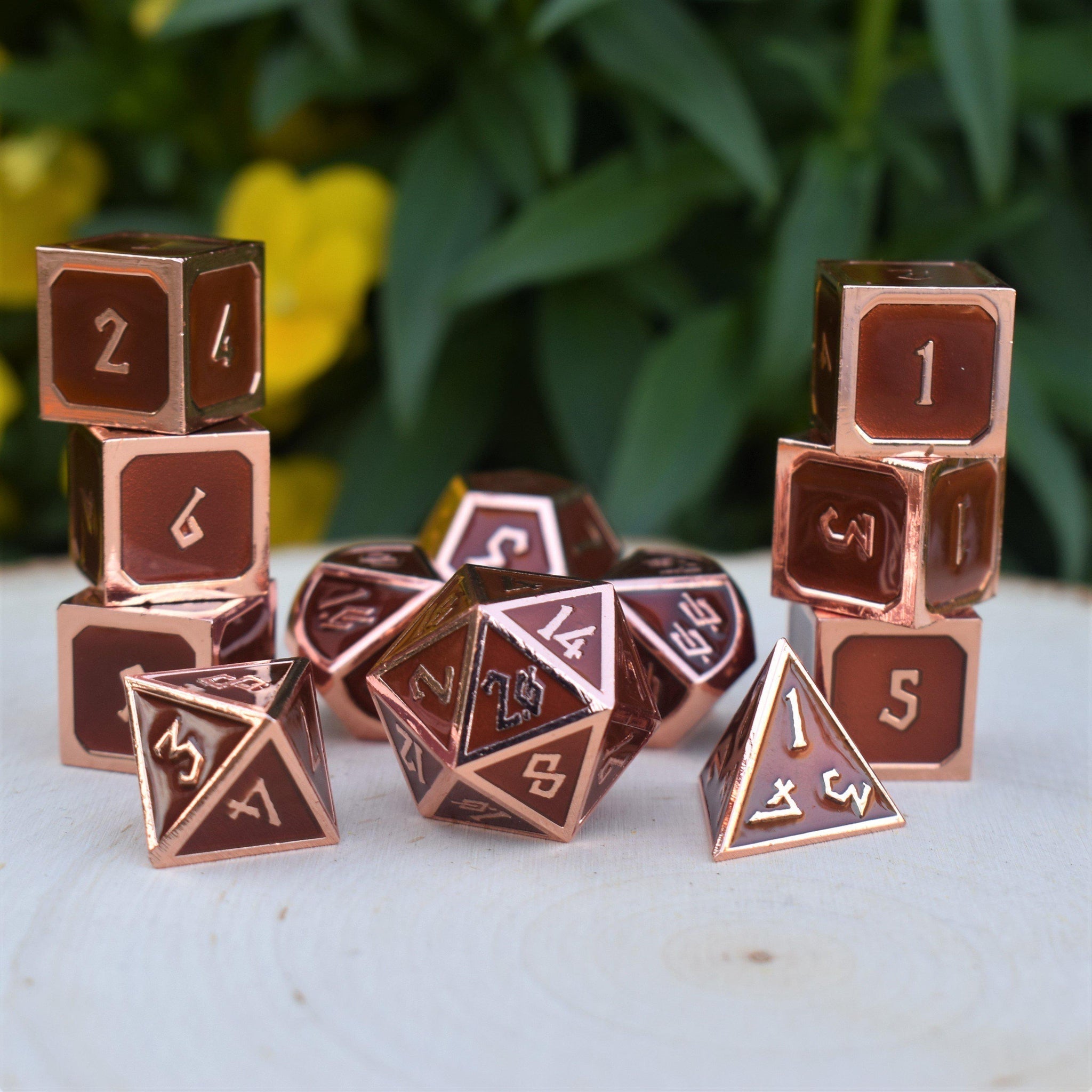 Elder Runes Hickory And Bronze Metal Dice Set - Misty Mountain Gaming - 1