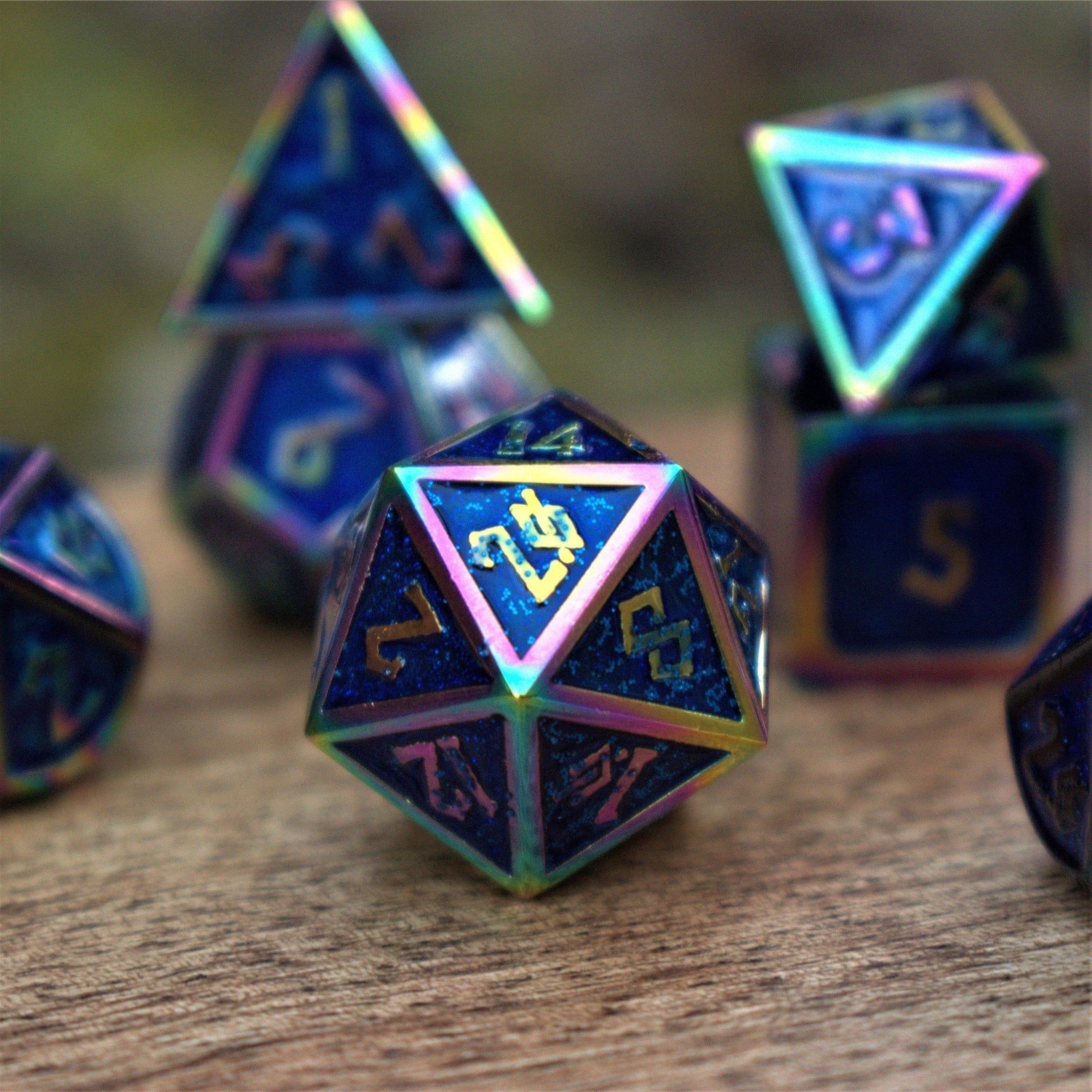 Elder Runes Iridescent And Blue Glitter Metal Dice Set - Misty Mountain Gaming - 1