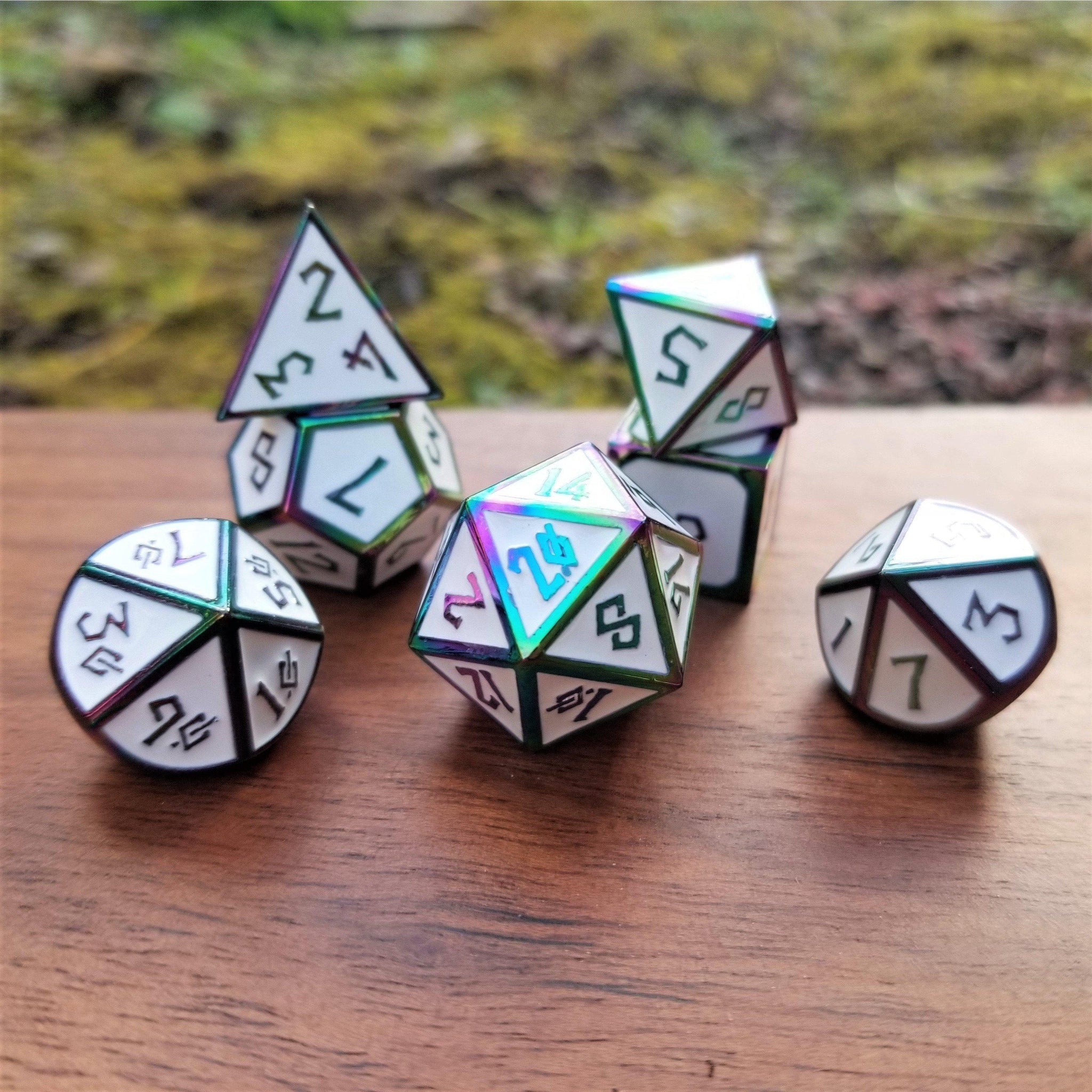 Elder Runes White And Irridescent Metal Dice Set - Misty Mountain Gaming - 1