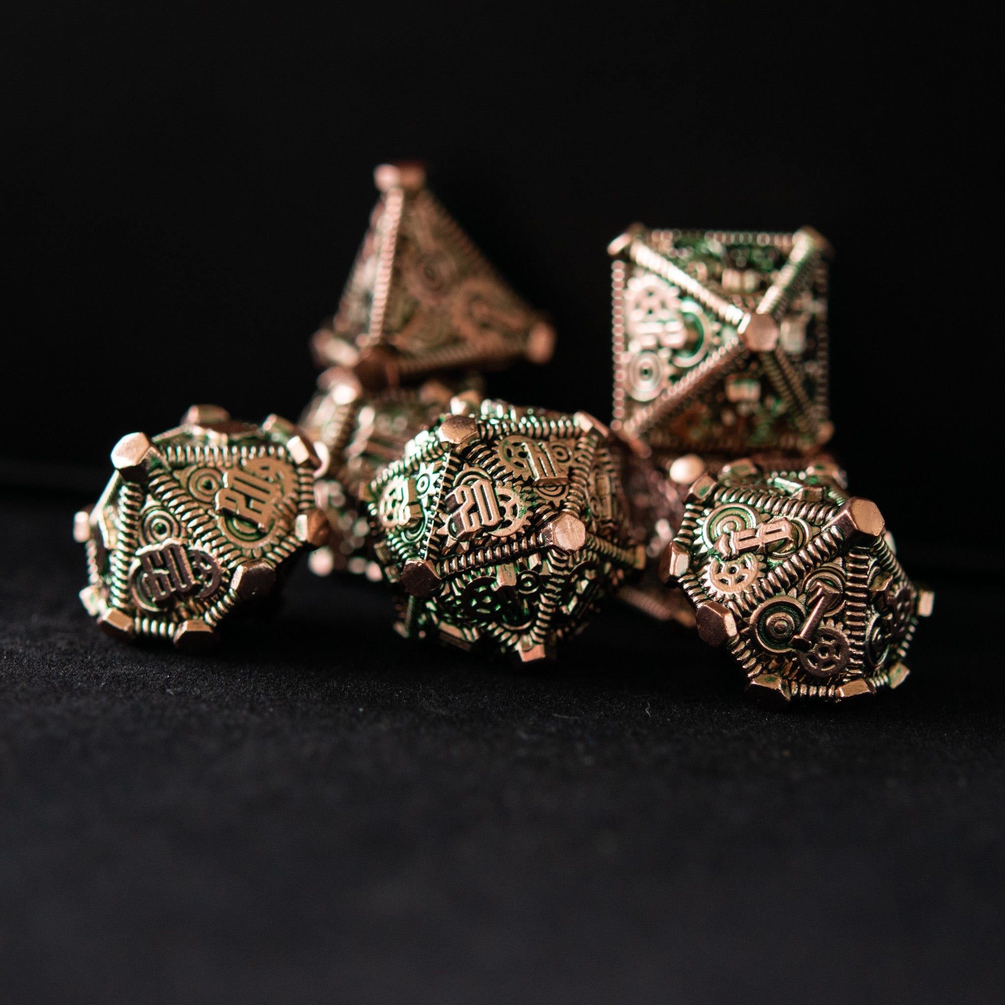 Green and Bronze - Weird West Wasteland Metal Dice Set - Misty Mountain Gaming - 5