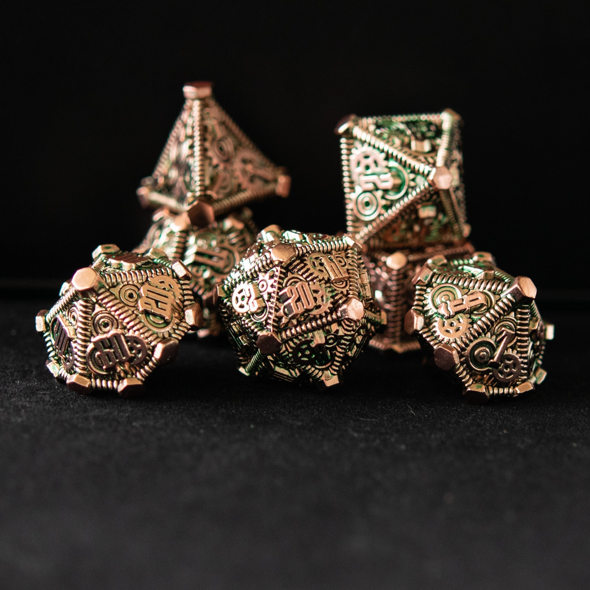 Green and Bronze - Weird West Wasteland Metal Dice Set - Misty Mountain Gaming - 1