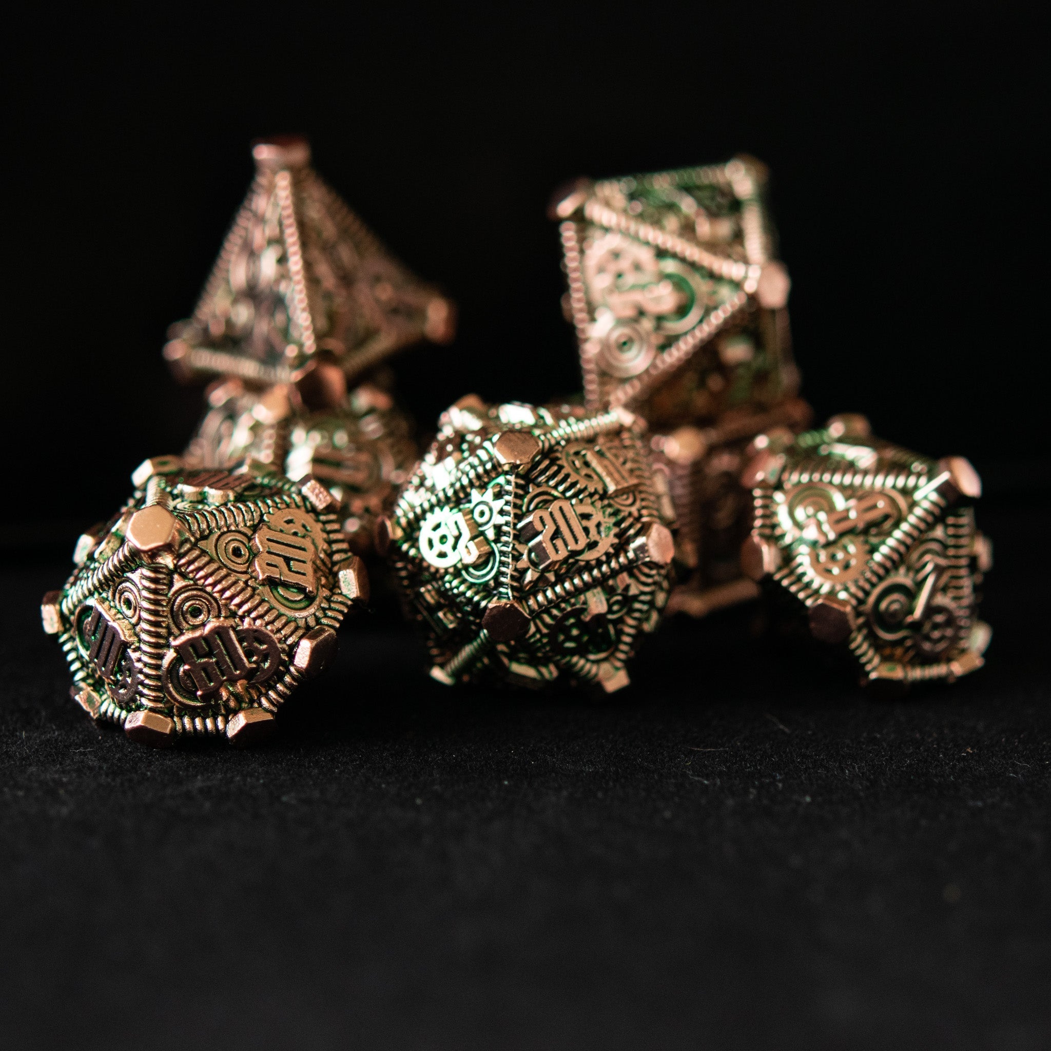 Green and Bronze - Weird West Wasteland Metal Dice Set - Misty Mountain Gaming - 3