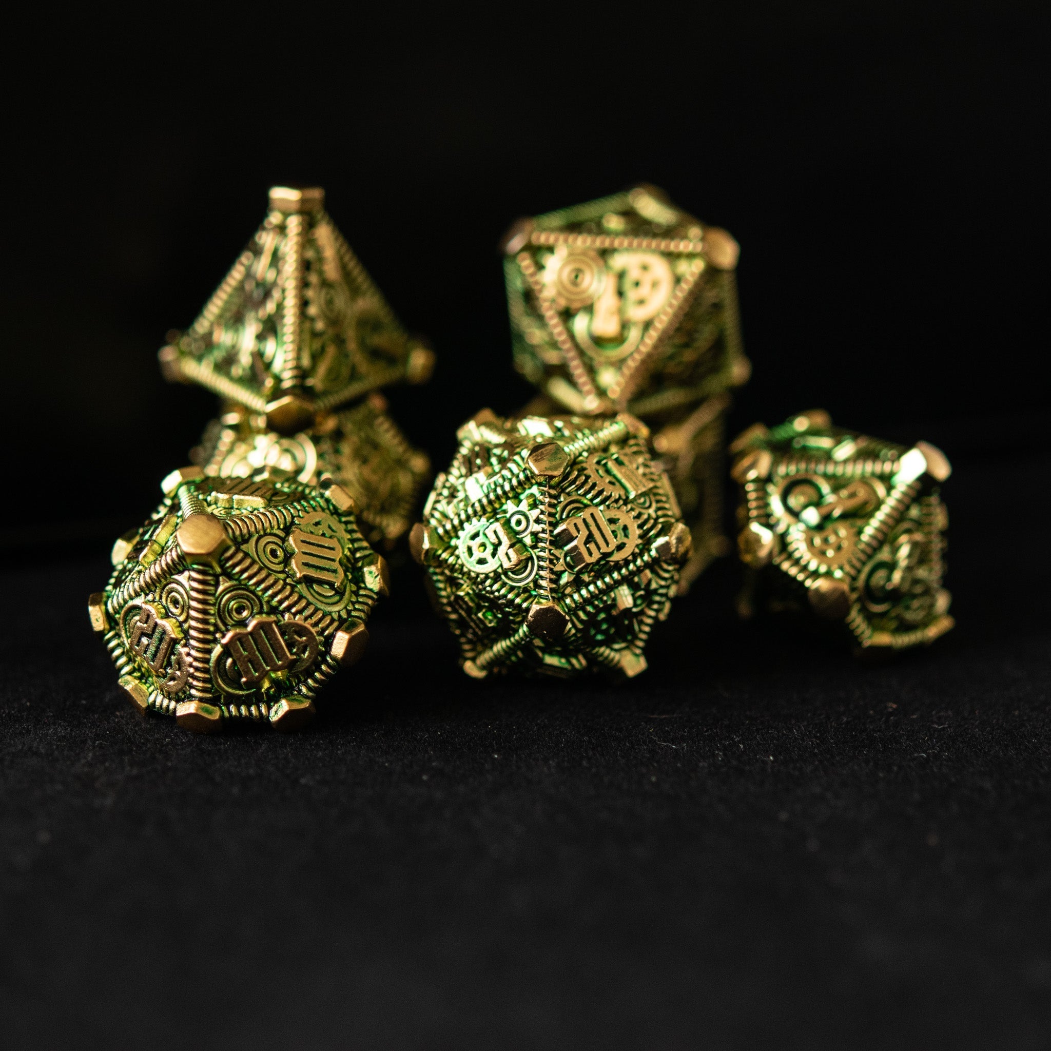 Green and Gold - Weird West Wasteland Metal Dice Set - Misty Mountain Gaming - 3