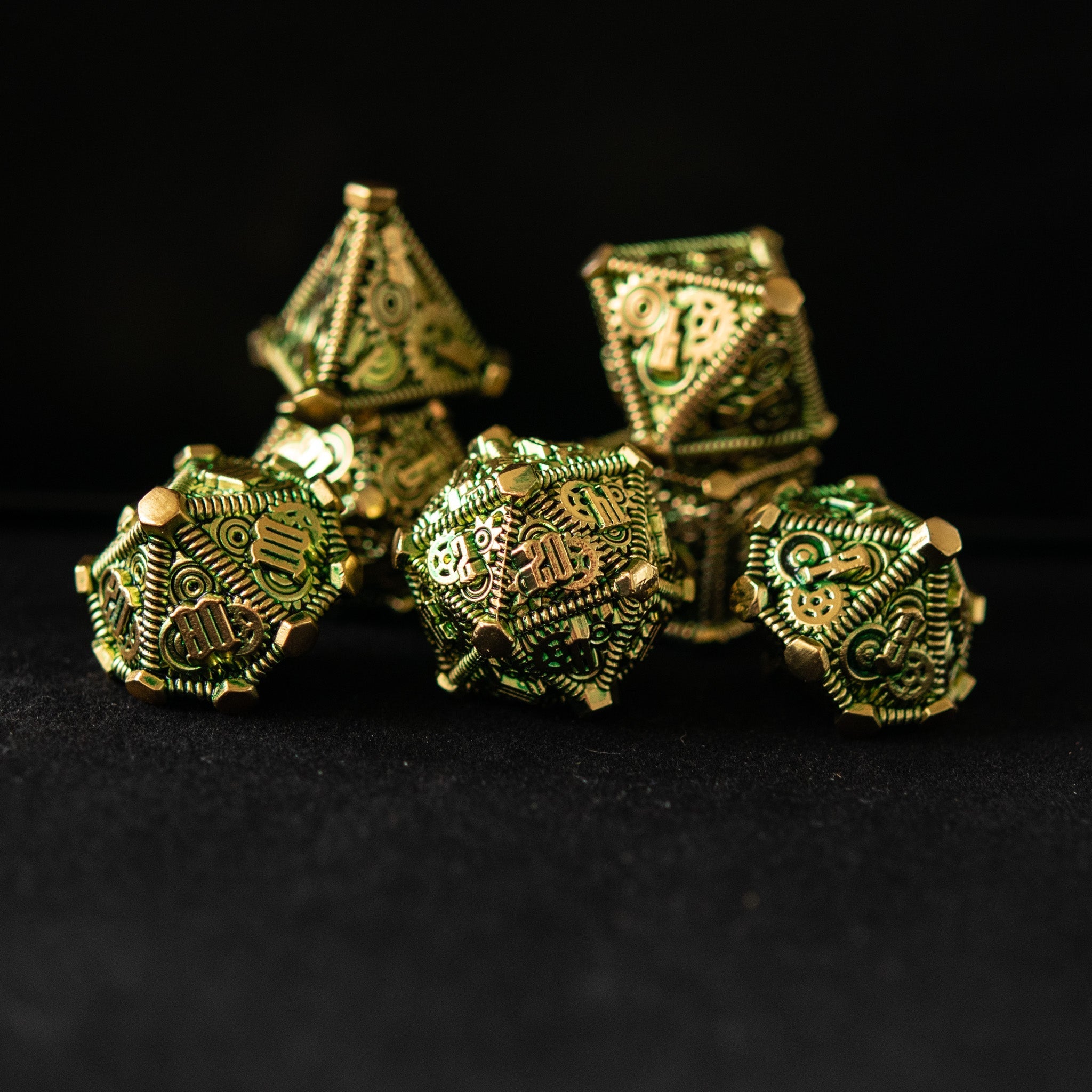 Green and Gold - Weird West Wasteland Metal Dice Set - Misty Mountain Gaming - 1