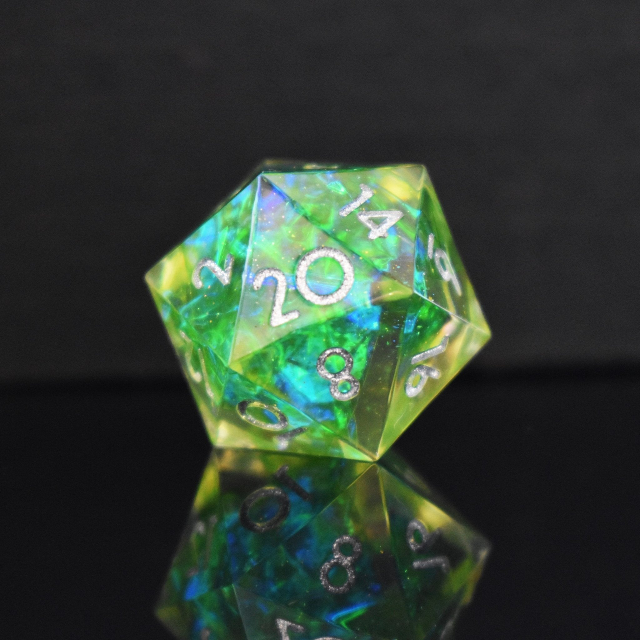 Green Flame Blade Sharp - Edged Resin Dice Set - Misty Mountain Gaming - 3