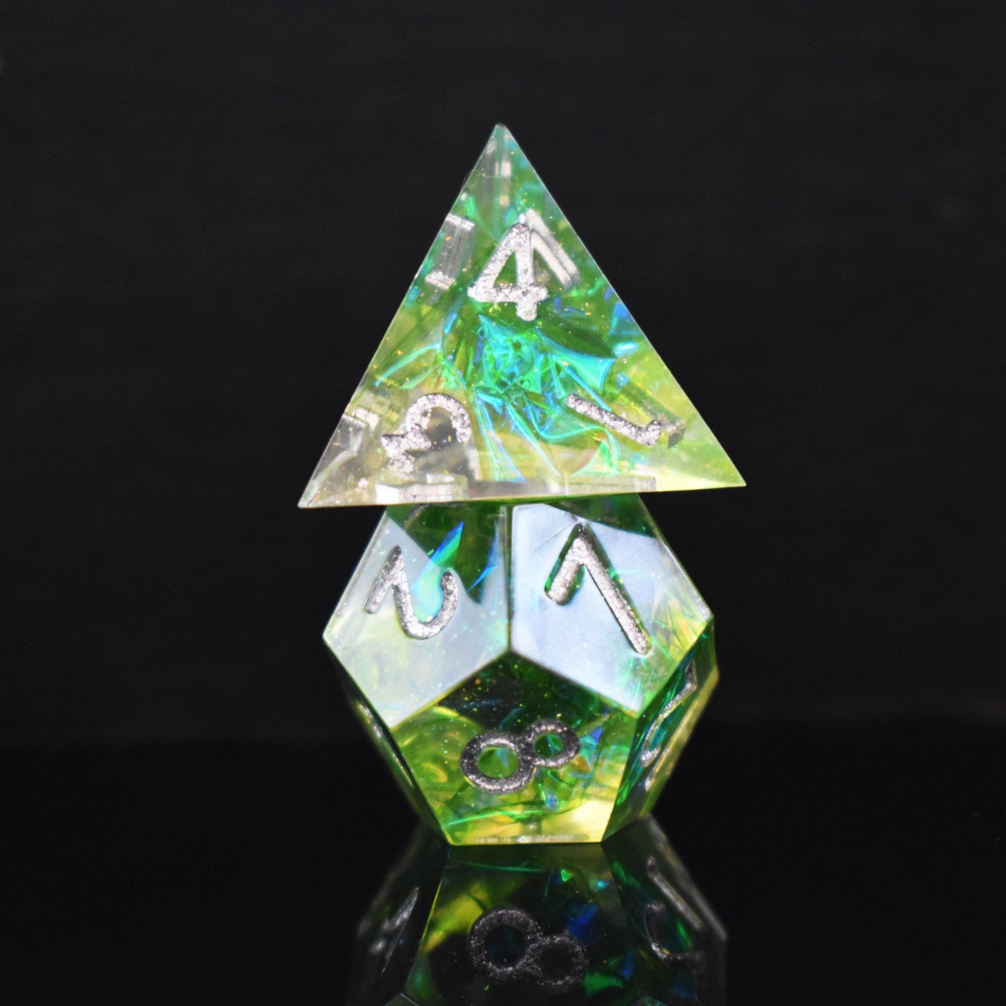 Green Flame Blade Sharp - Edged Resin Dice Set - Misty Mountain Gaming - 5