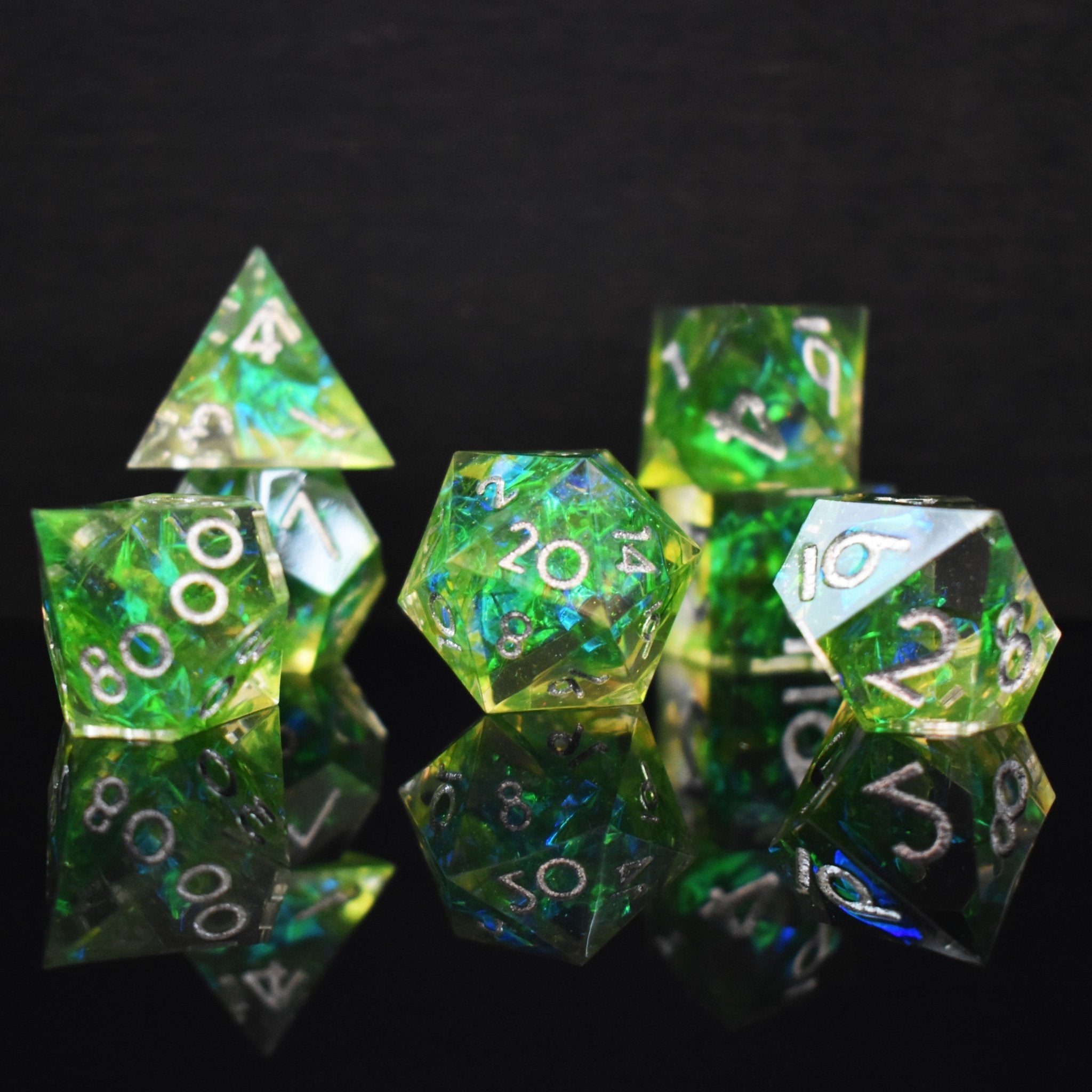 Green Flame Blade Sharp - Edged Resin Dice Set - Misty Mountain Gaming - 1