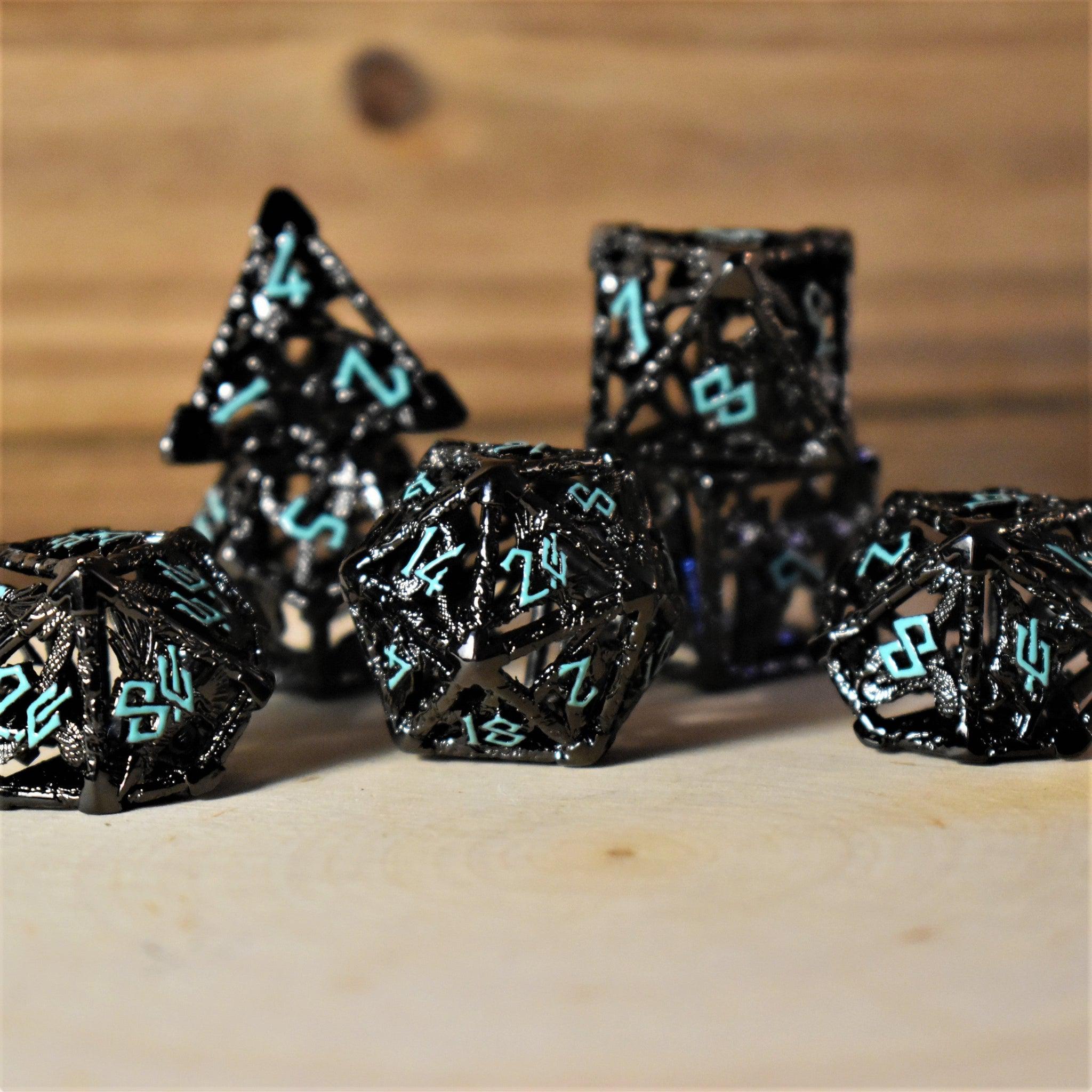 Legends of Valhalla - Black and Blue Hollow Metal Dice Set - Misty Mountain Gaming - 1