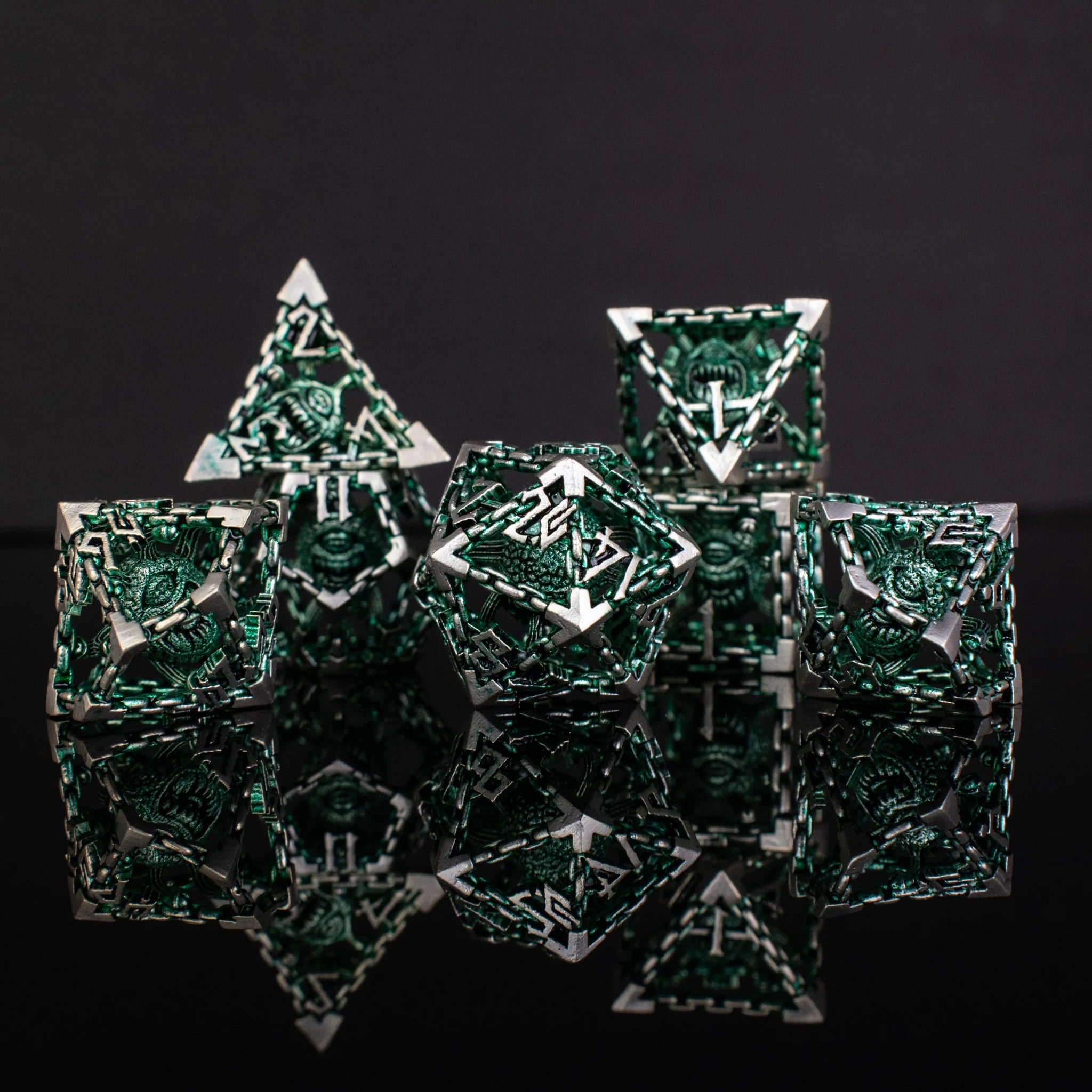 Misty Mountain Gaming Beholder's Gates Green and Silver Hollow Metal Dice Set - Misty Mountain Gaming - 1