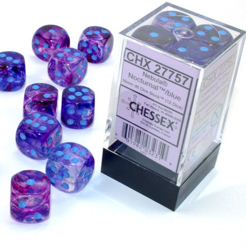 Chessex Nebula® 16mm d6 Nocturnal™/Blue Luminary™ Dice Block™ (12 dice)