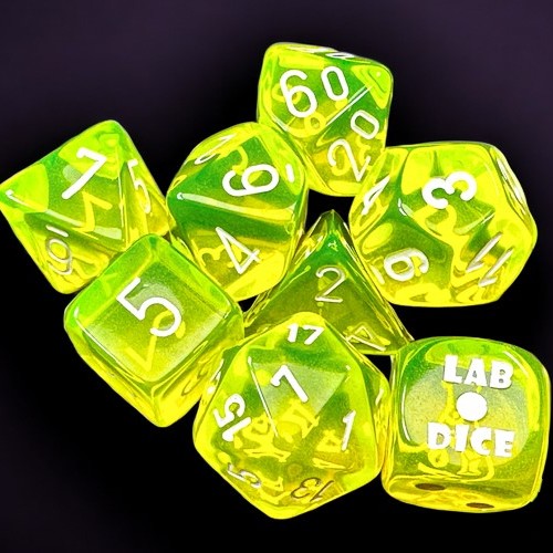 Chessex Translucent Polyhedral Neon Yellow/white 7-Dice Set with Bonus Die
