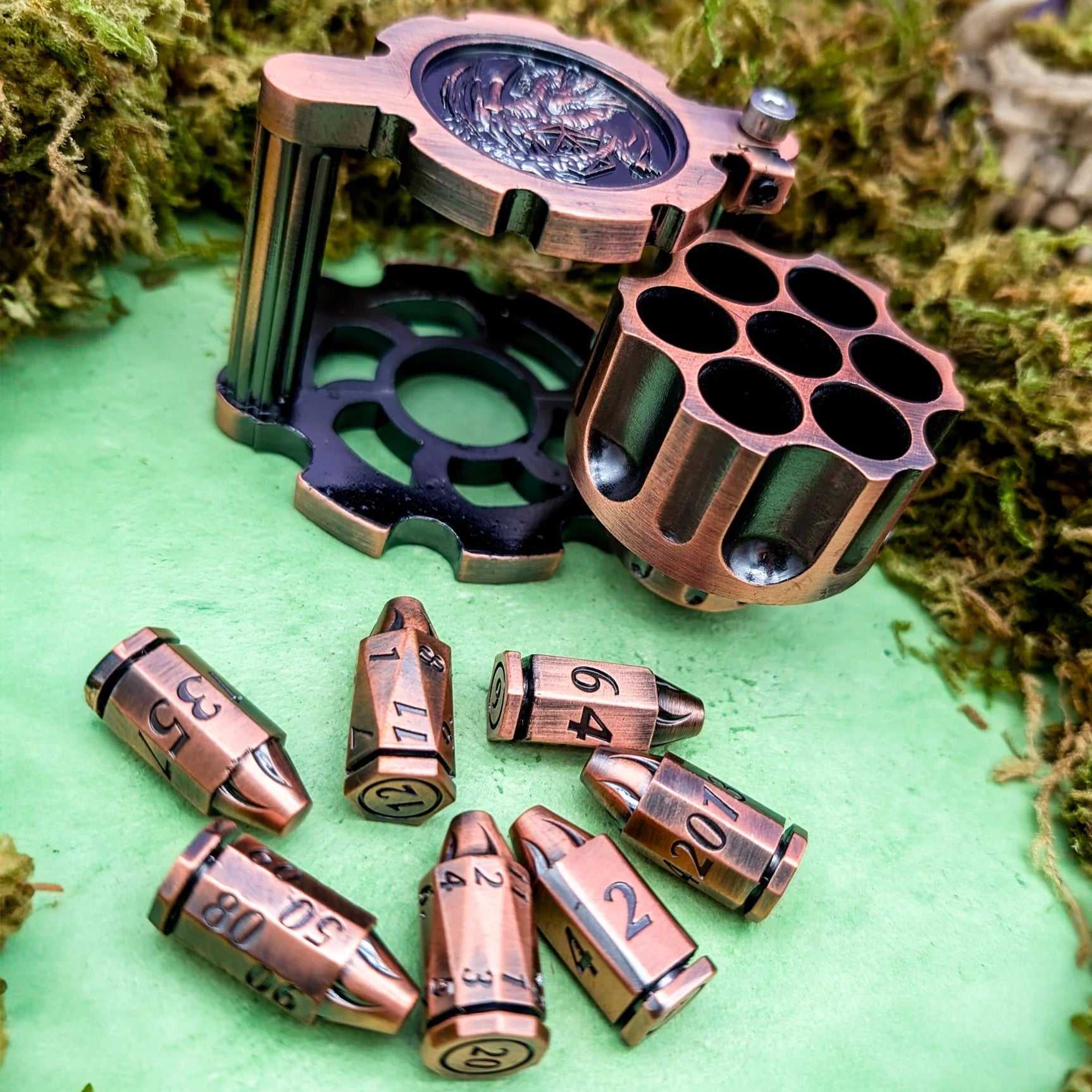 Mystery Dice Goblin Revolver Dice Holder with Metal Bullet Dice Fidget and Dice Set