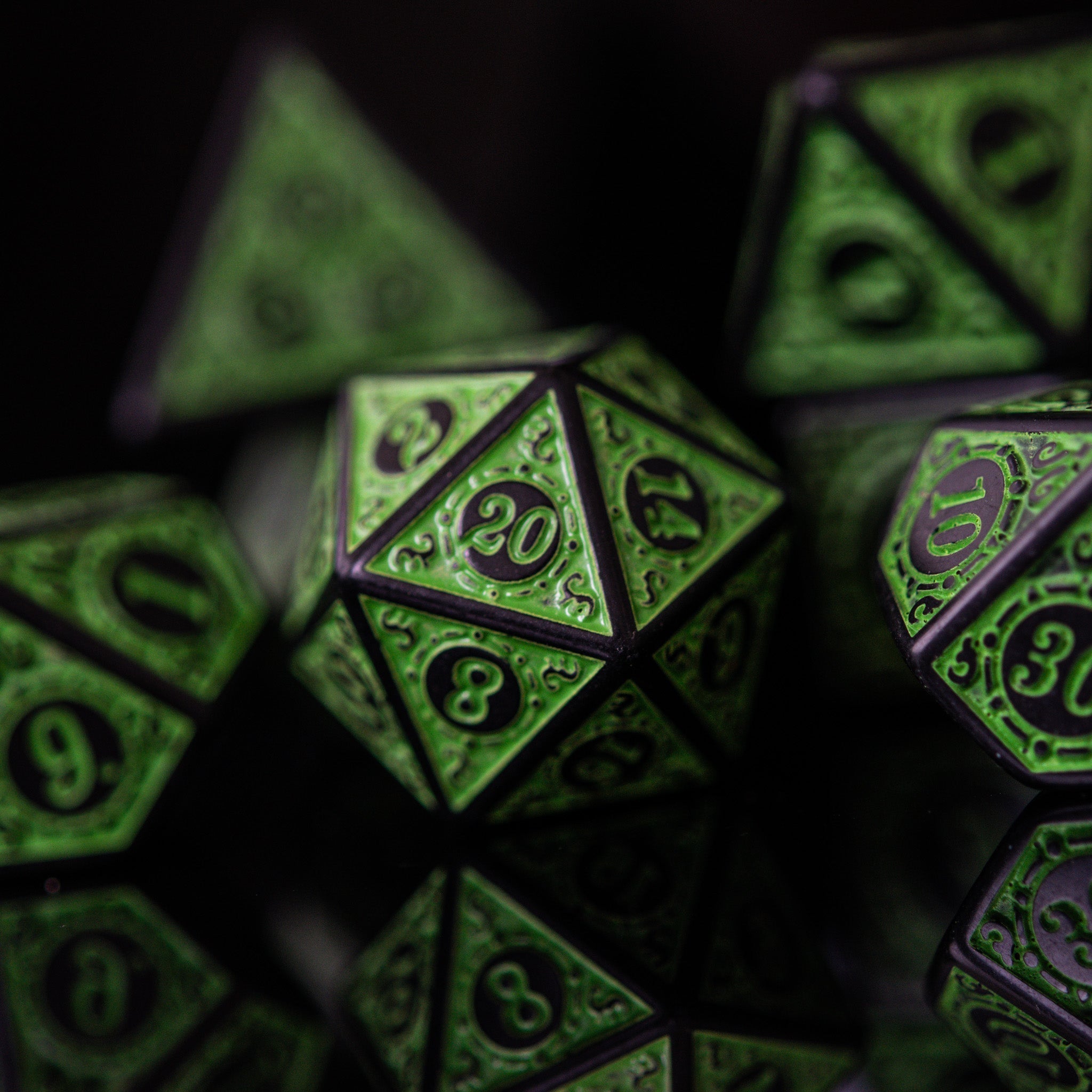 Temple Ruins Green Acrylic Dice Set - Misty Mountain Gaming - 3