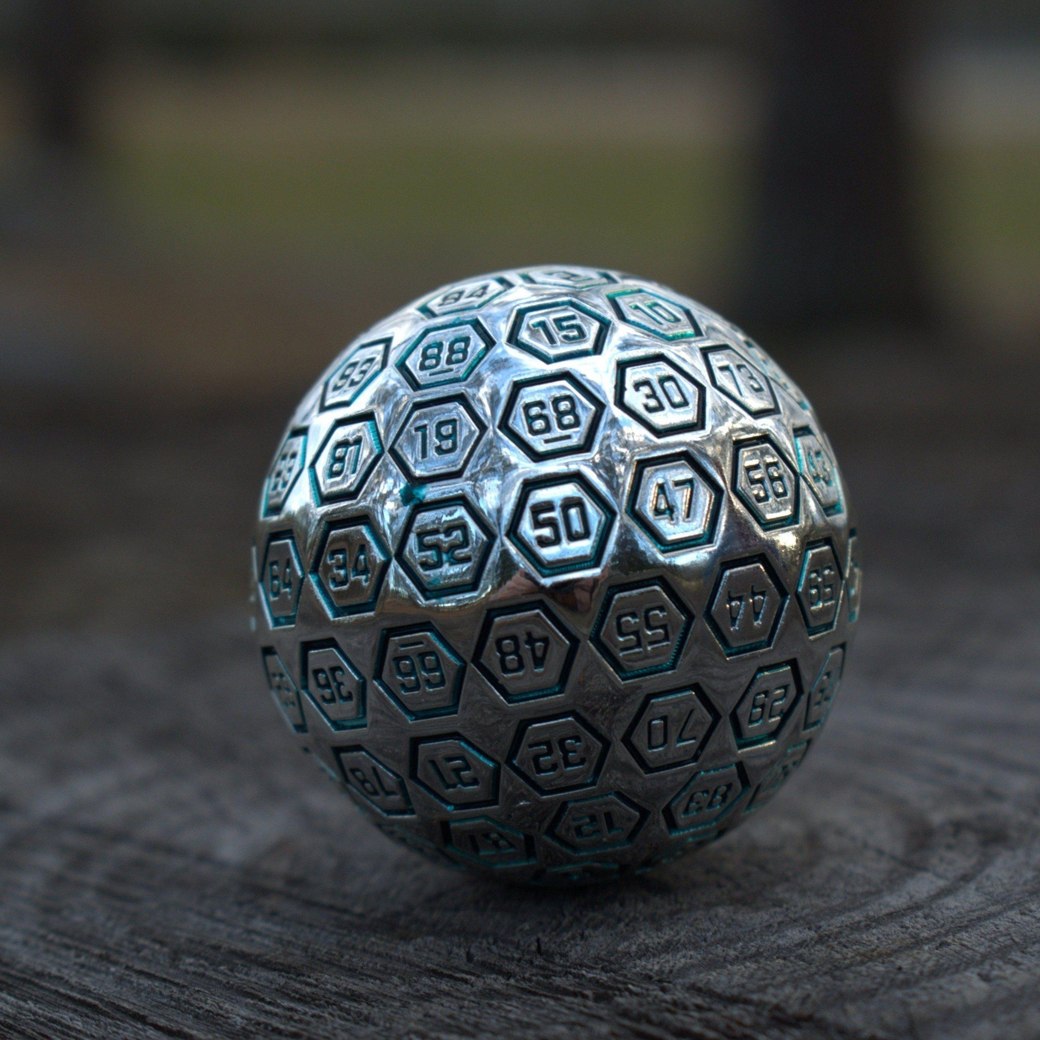 The Orb D100 - Aqua and Silver Metal Die - Misty Mountain Gaming - 3