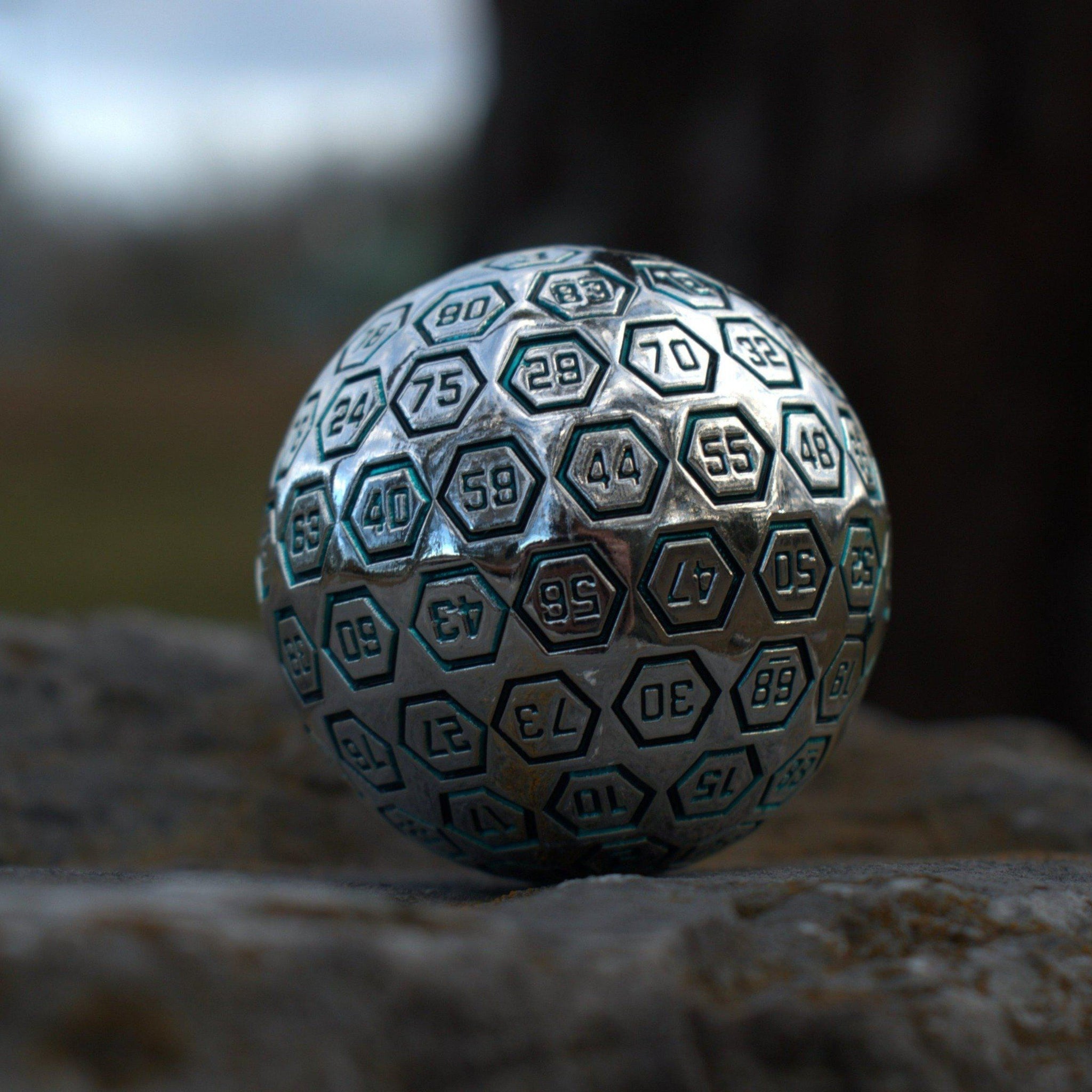 The Orb D100 - Aqua and Silver Metal Die - Misty Mountain Gaming - 1