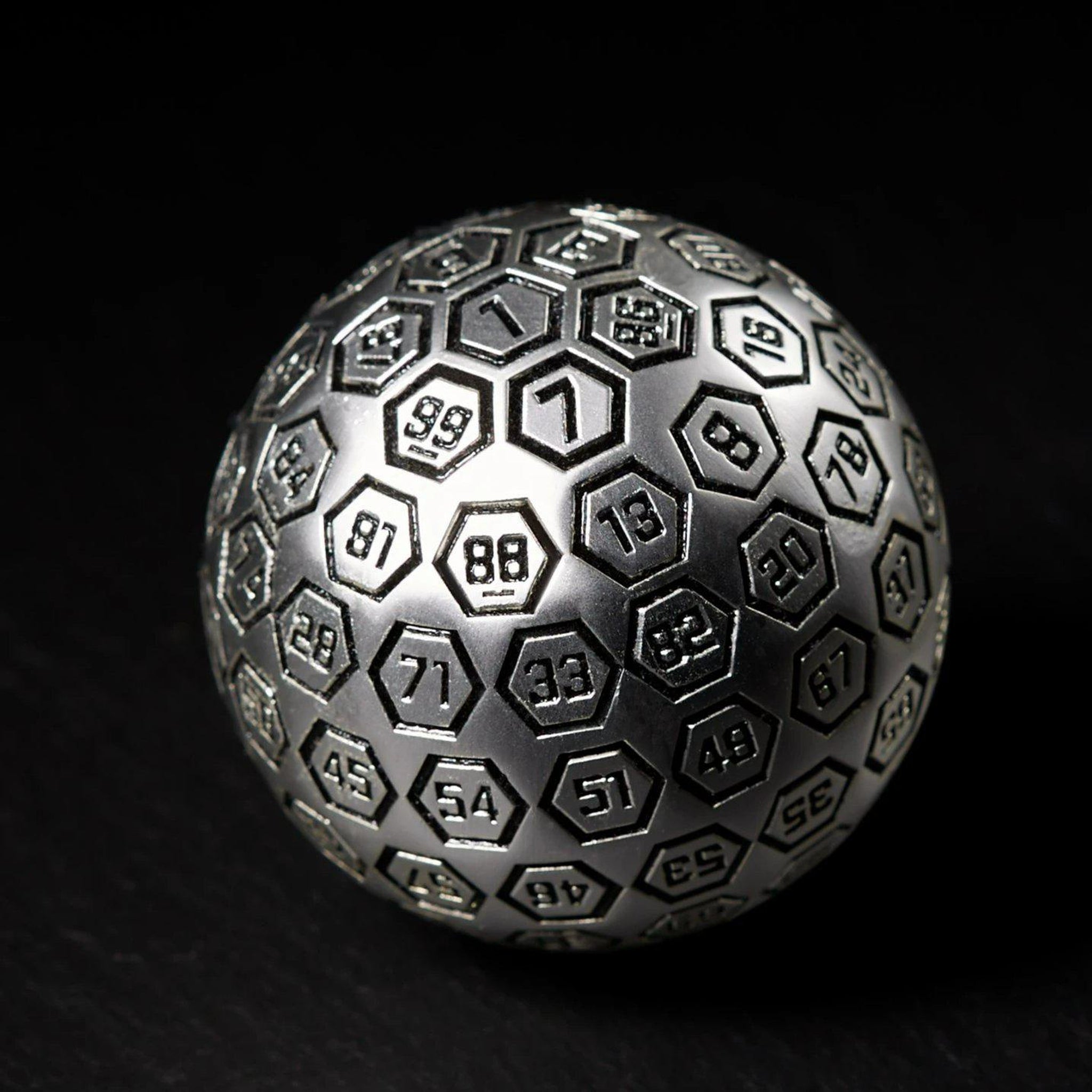 The Orb D100 - Black and Matte Silver Metal Die - Misty Mountain Gaming - 1