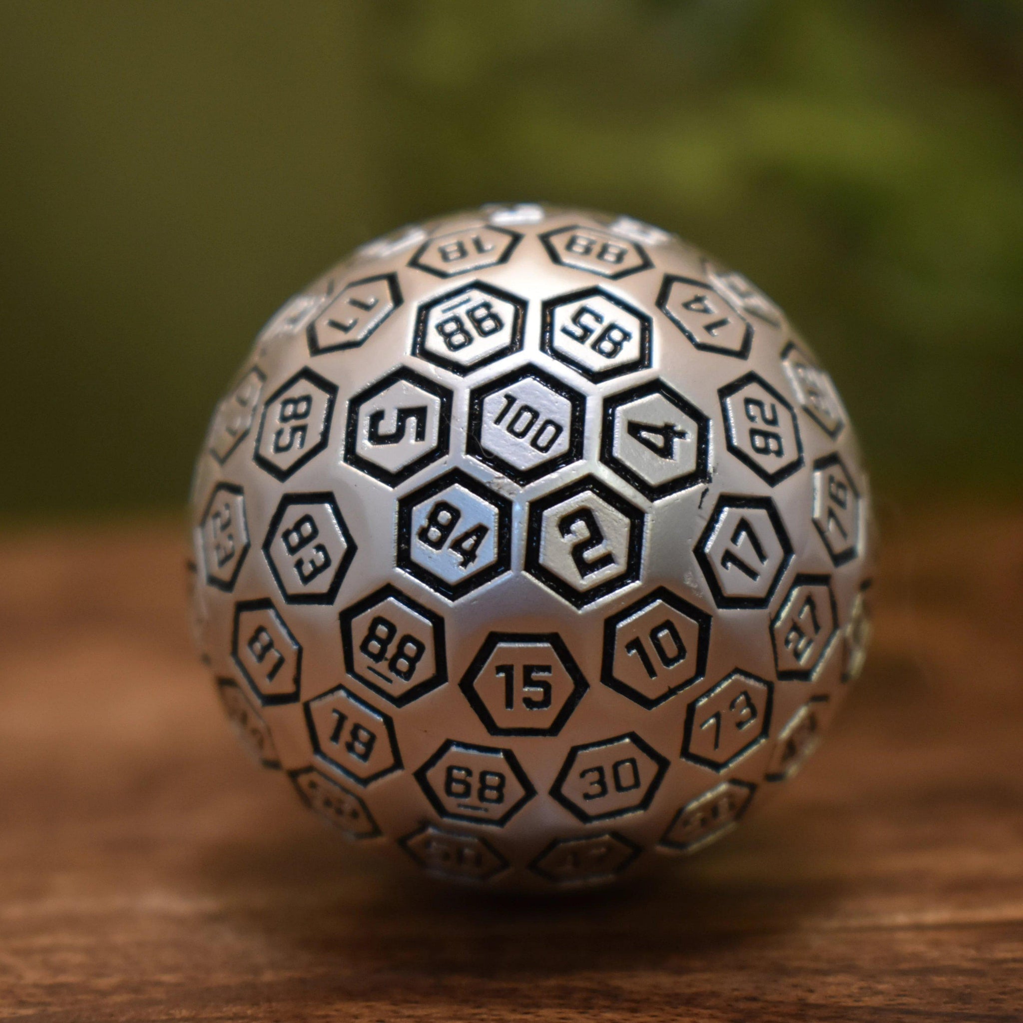 The Orb D100 - Black and Matte Silver Metal Die - Misty Mountain Gaming - 2