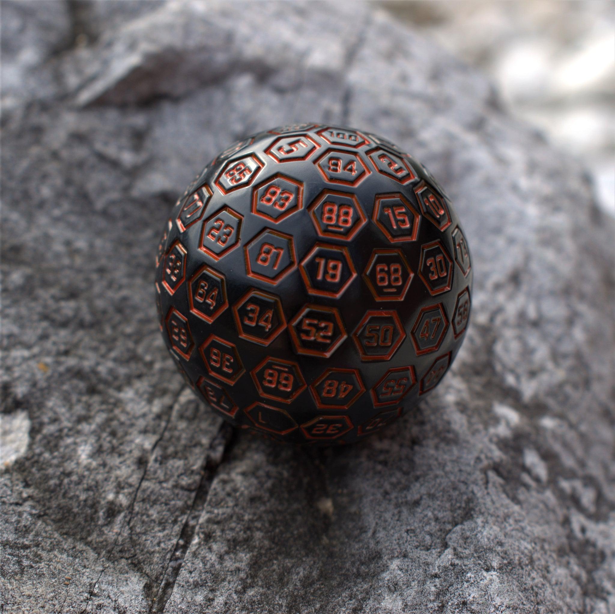 The Orb D100 - Black and Orange Metal Die - Misty Mountain Gaming - 2