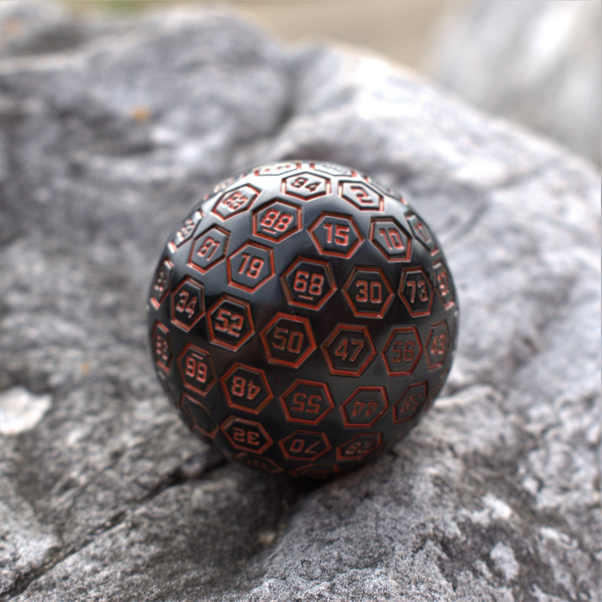 The Orb D100 - Black and Orange Metal Die - Misty Mountain Gaming - 1