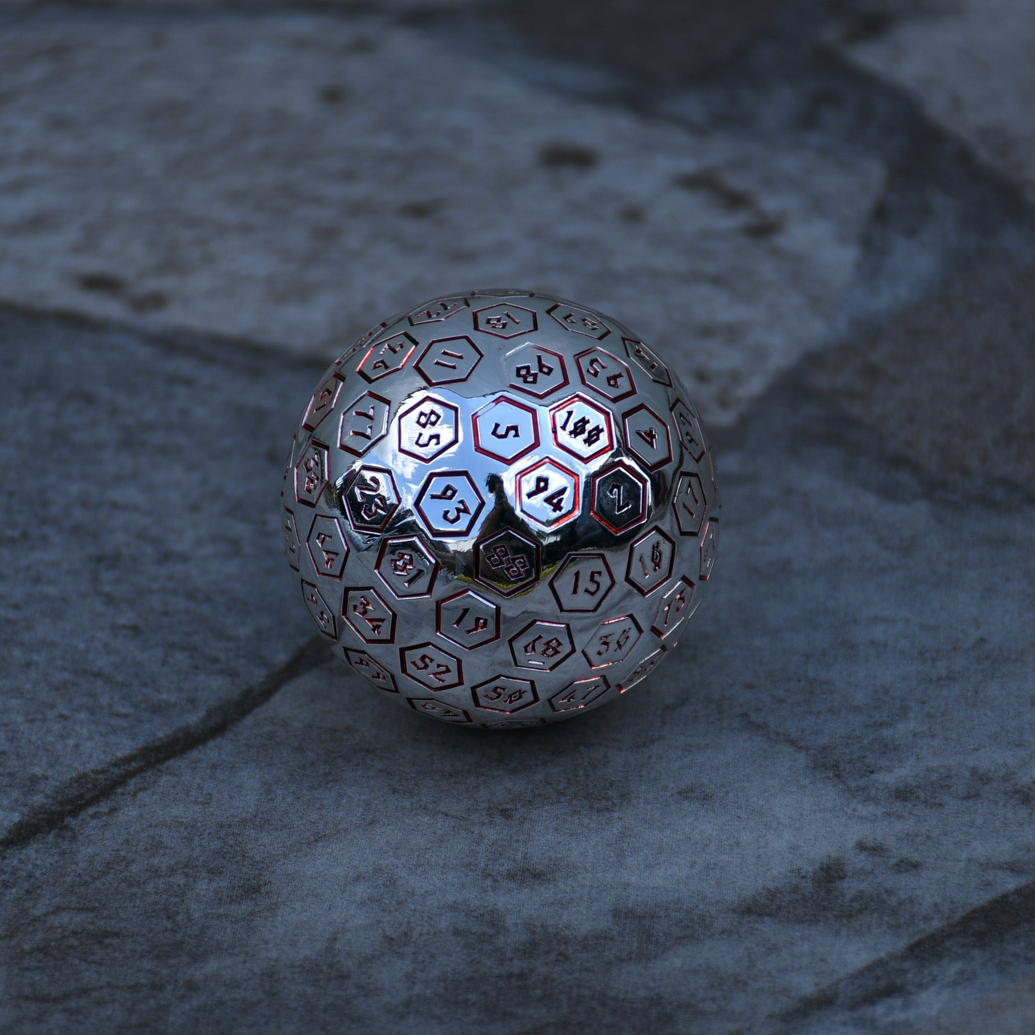 The Orb D100 - Crimson and Silver Metal Die - Misty Mountain Gaming - 1