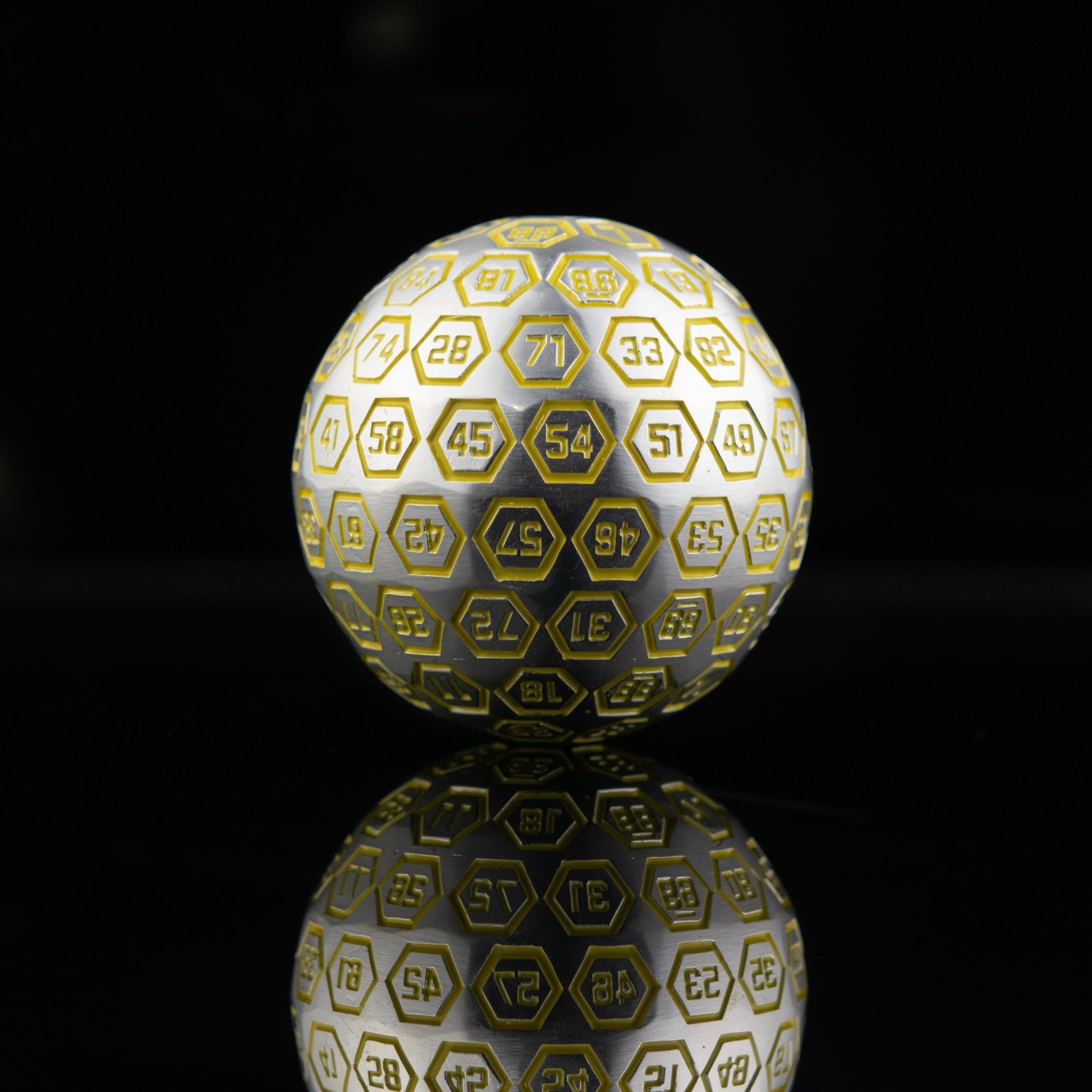 The Orb D100 - Neon Yellow and Matte Silver Metal Die - Misty Mountain Gaming - 2