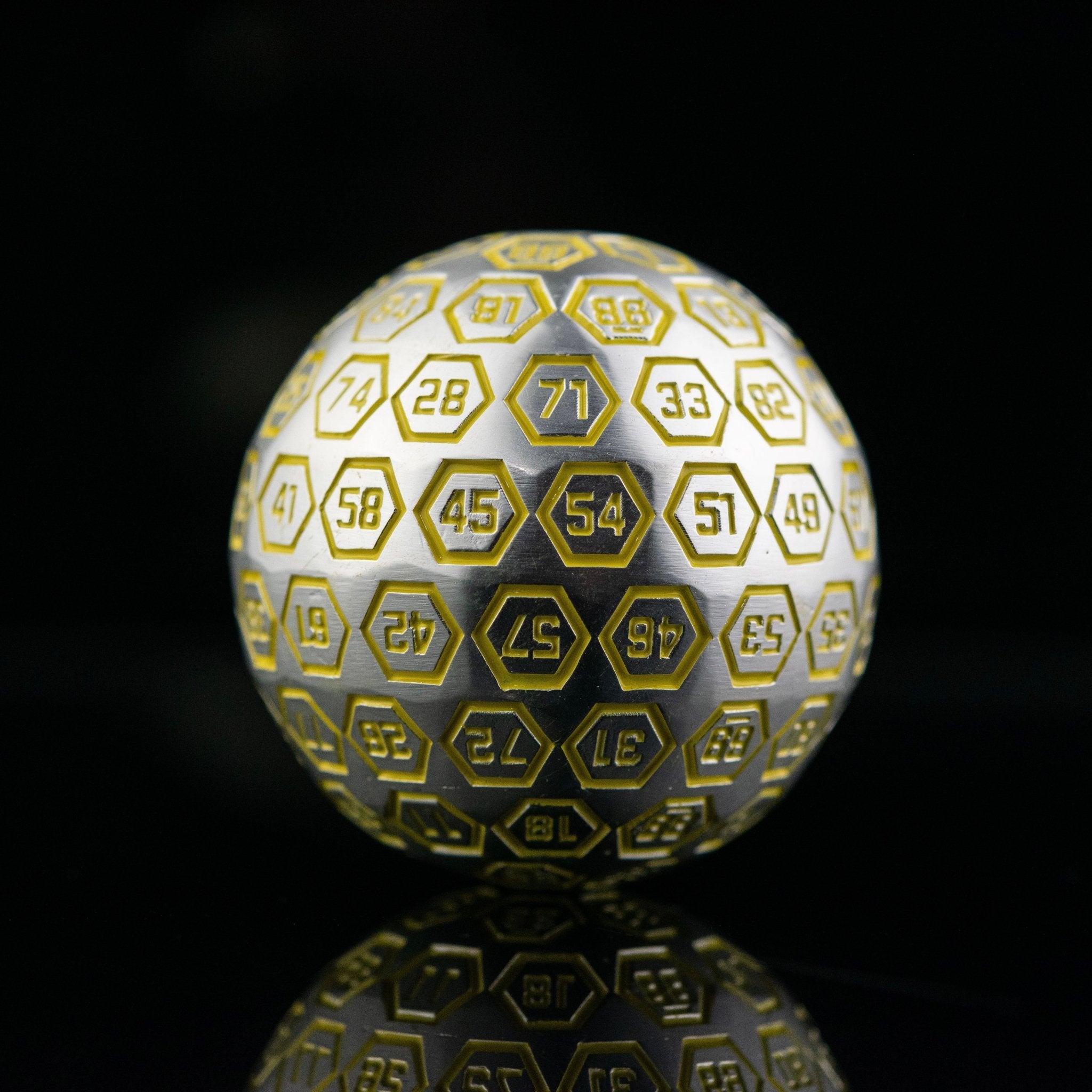 The Orb D100 - Neon Yellow and Matte Silver Metal Die - Misty Mountain Gaming - 1