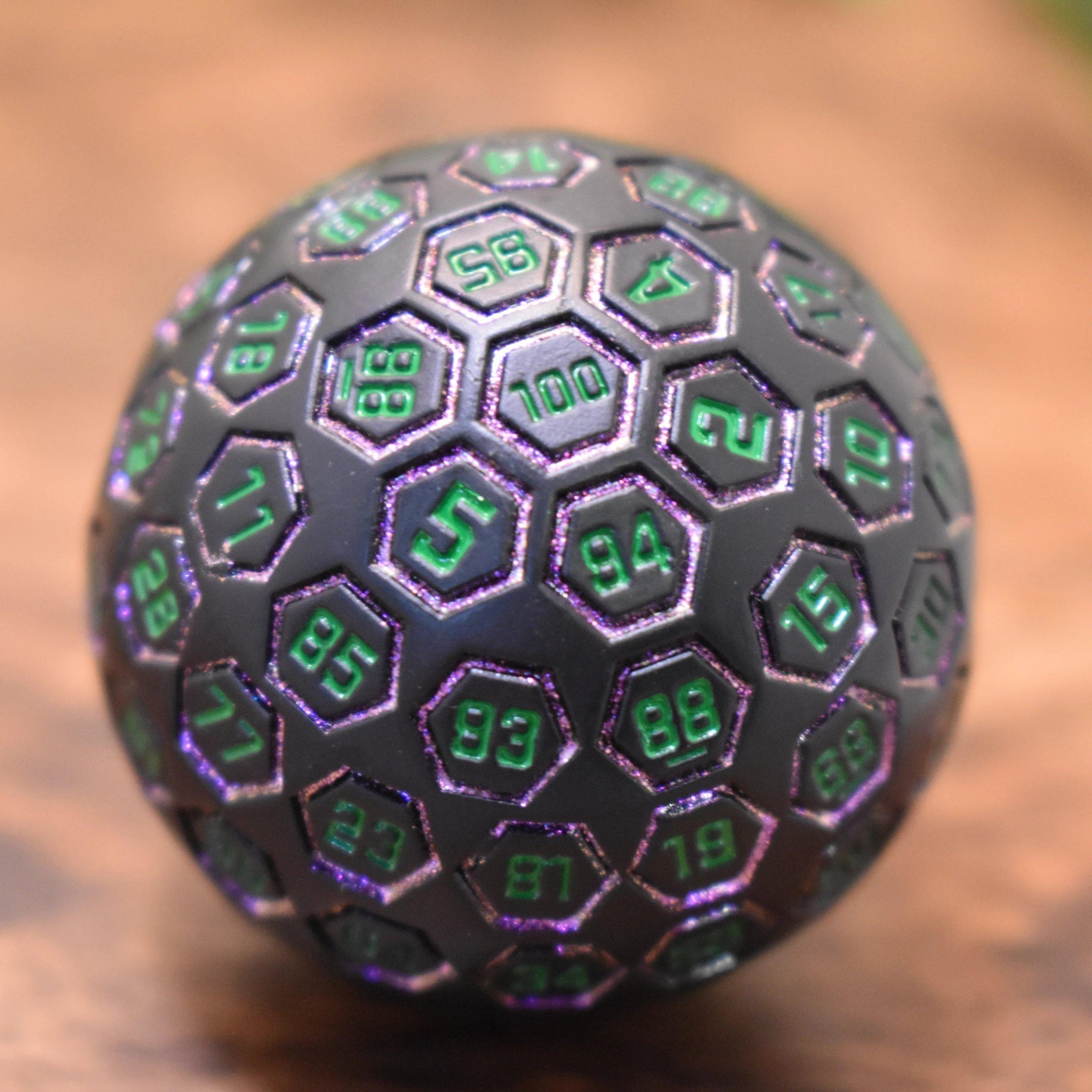 The Orb D100 - Purple, Green, and Black Metal Die - Misty Mountain Gaming - 2