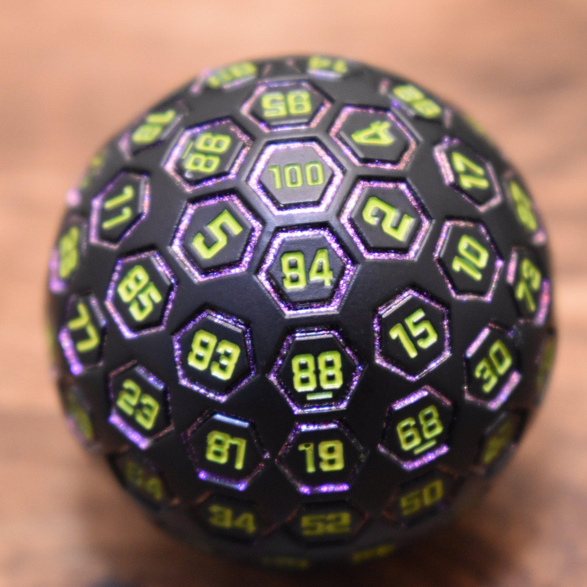 The Orb D100 - Purple, Neon Green, and Black Metal Die - Misty Mountain Gaming - 3