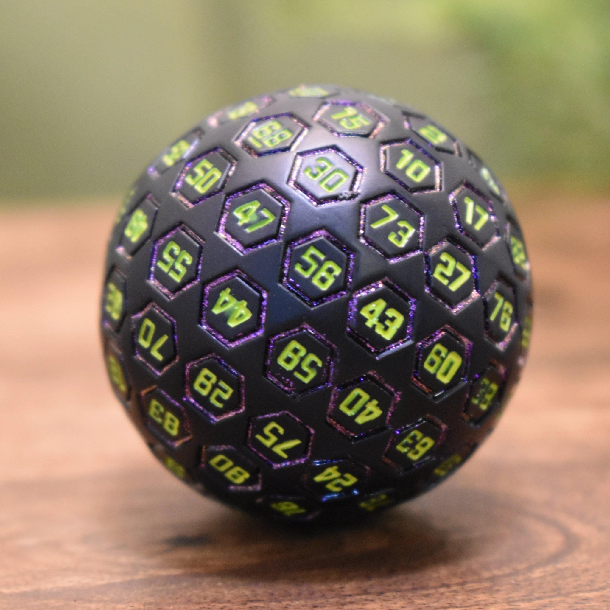 The Orb D100 - Purple, Neon Green, and Black Metal Die - Misty Mountain Gaming - 2