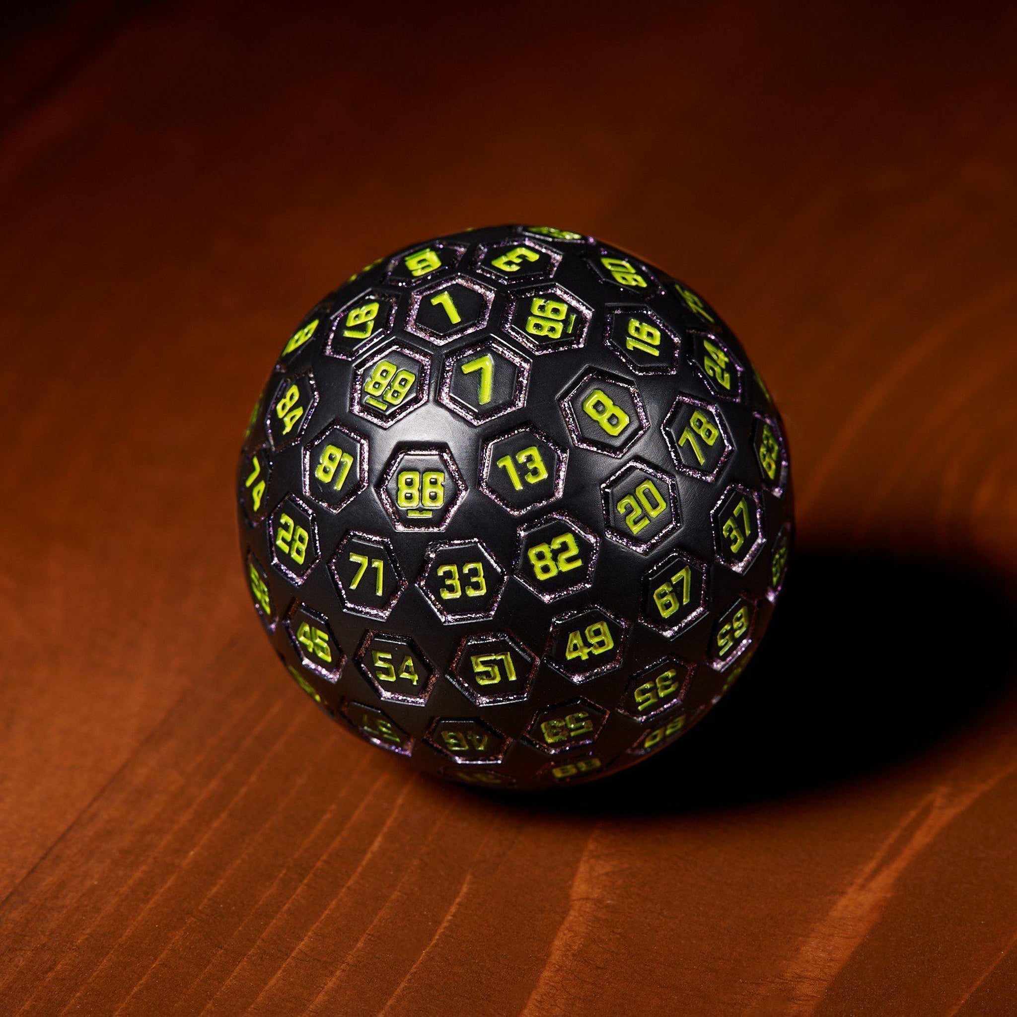 The Orb D100 - Purple, Neon Green, and Black Metal Die - Misty Mountain Gaming - 1