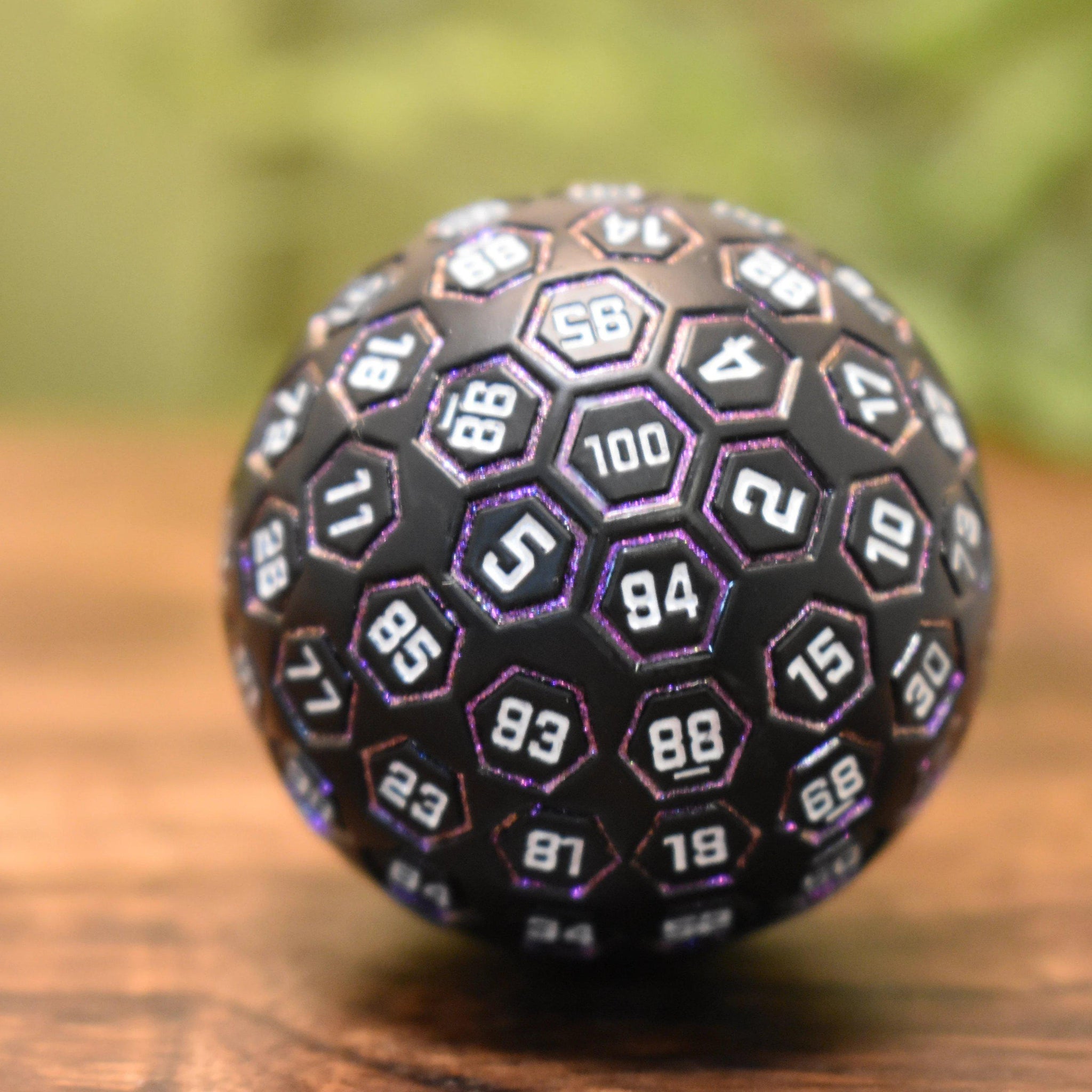 The Orb D100 - Purple, White, and Black Metal Die - Misty Mountain Gaming - 2