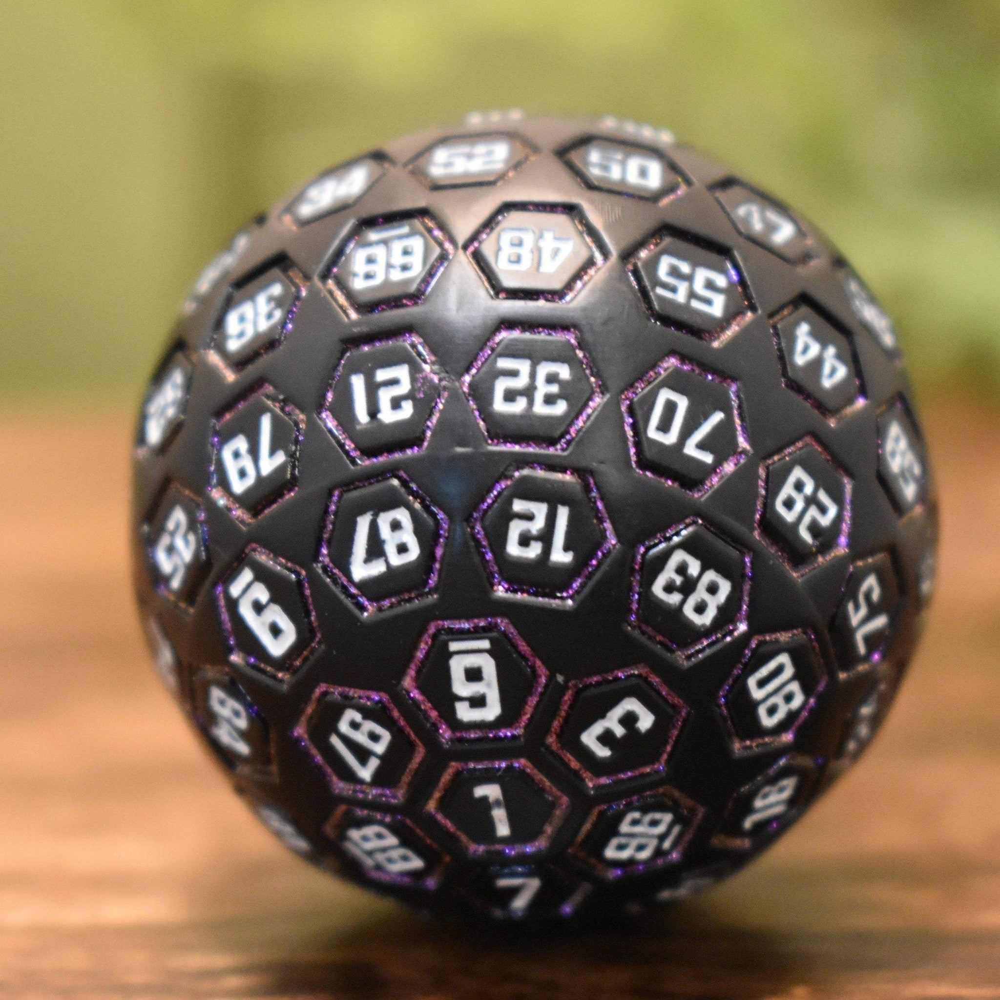 The Orb D100 - Purple, White, and Black Metal Die - Misty Mountain Gaming - 1