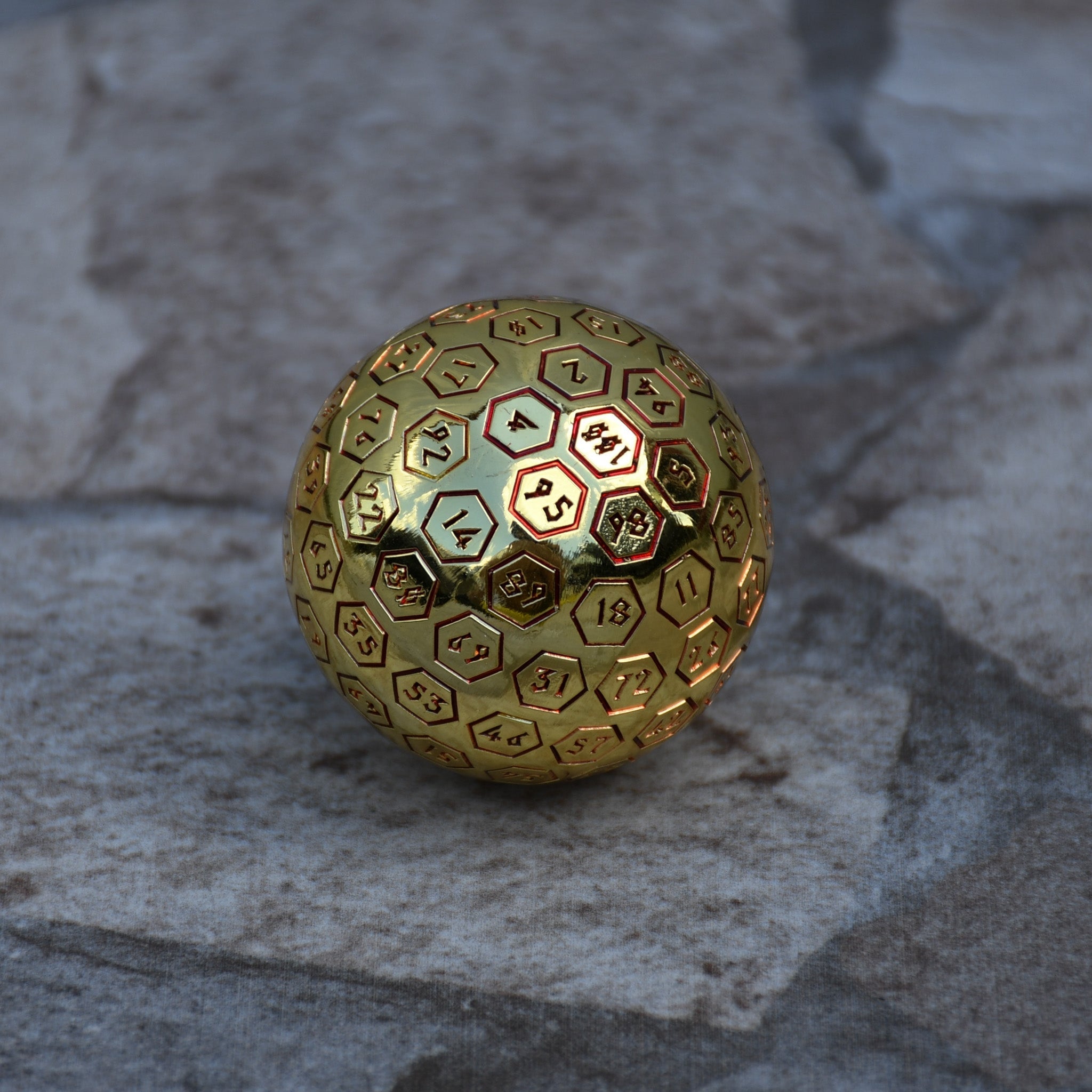 The Orb D100 - Red and Gold Metal Die - Misty Mountain Gaming - 2