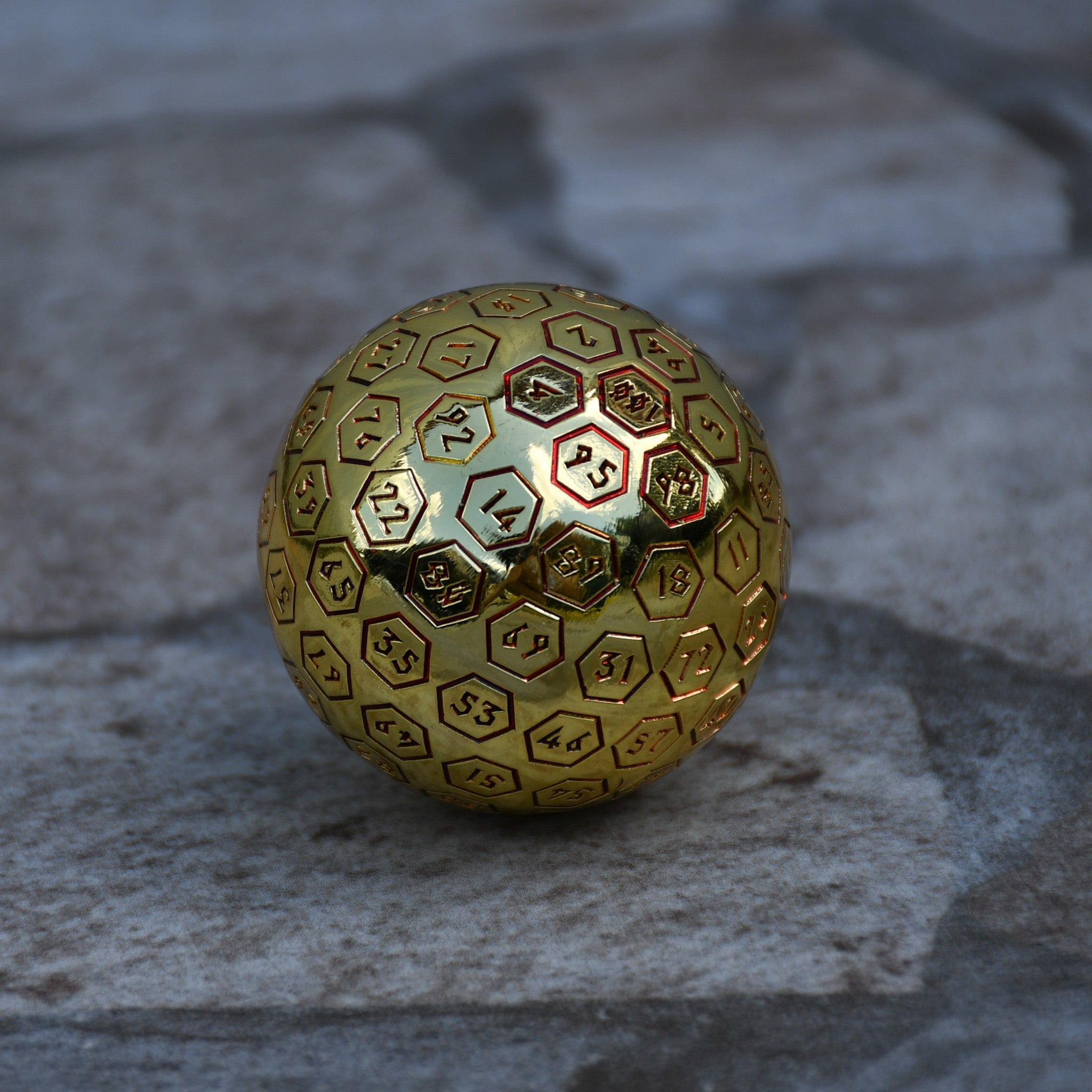 The Orb D100 - Red and Gold Metal Die - Misty Mountain Gaming - 1